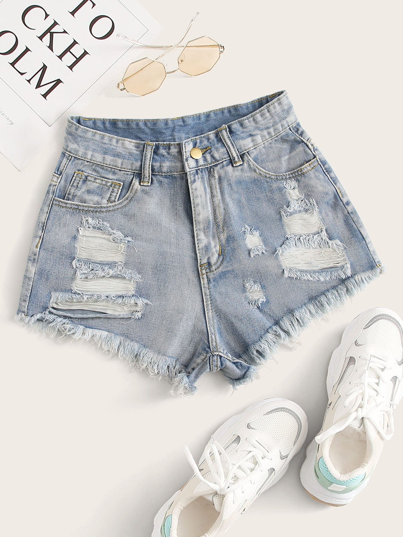 SHEIN Essnce Distressed Stone Wash Frayed Shorts