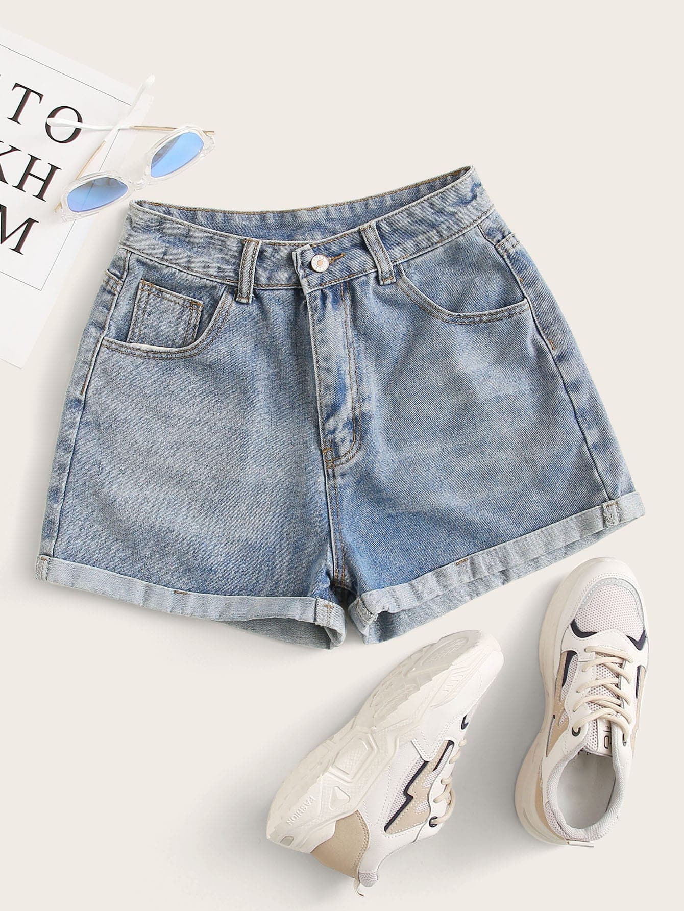 GlowEve Rolled High-Rise Denim Shorts
