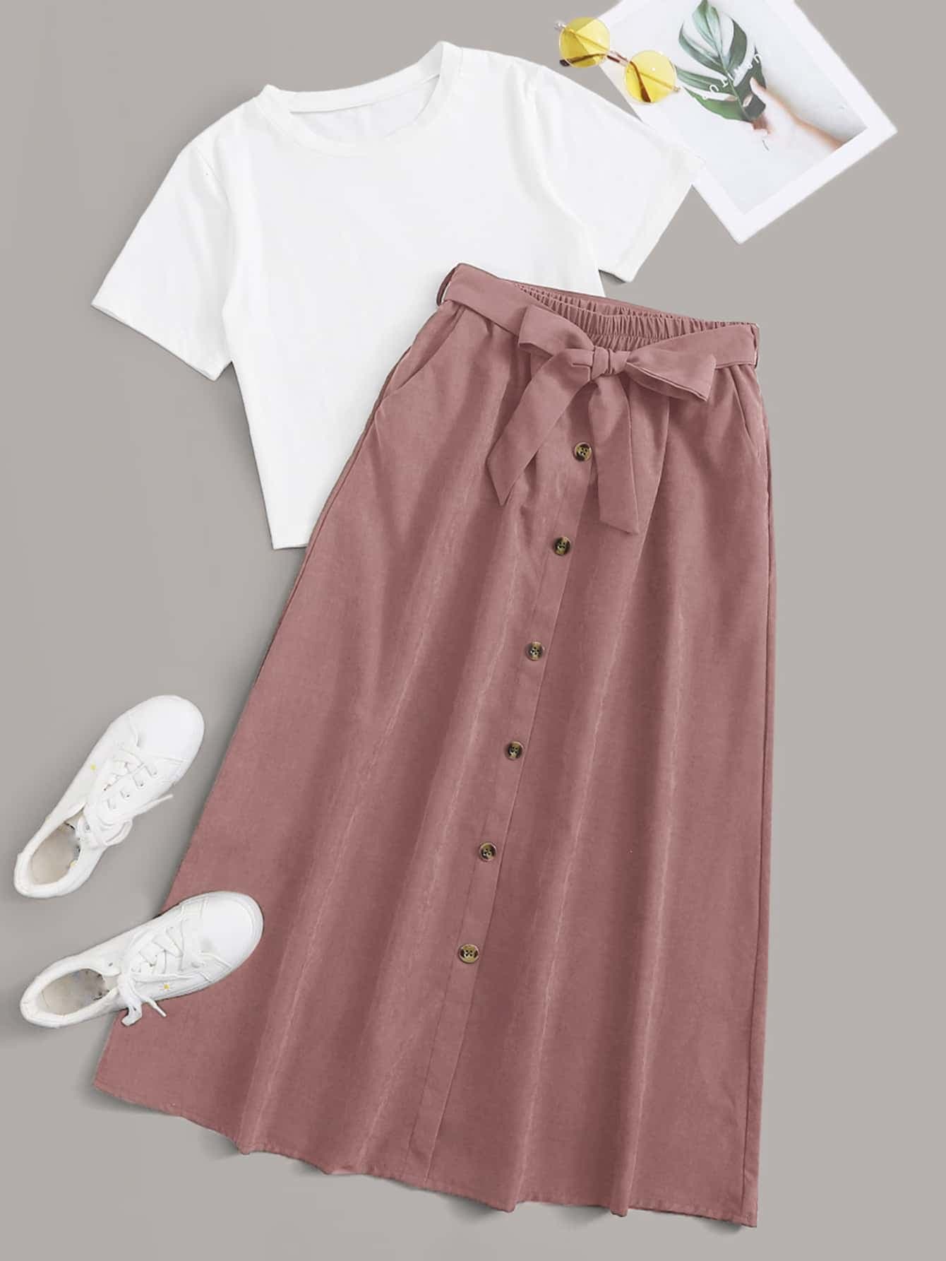 Mulvari Solid Tee & Self Tie  Button Front Skirt