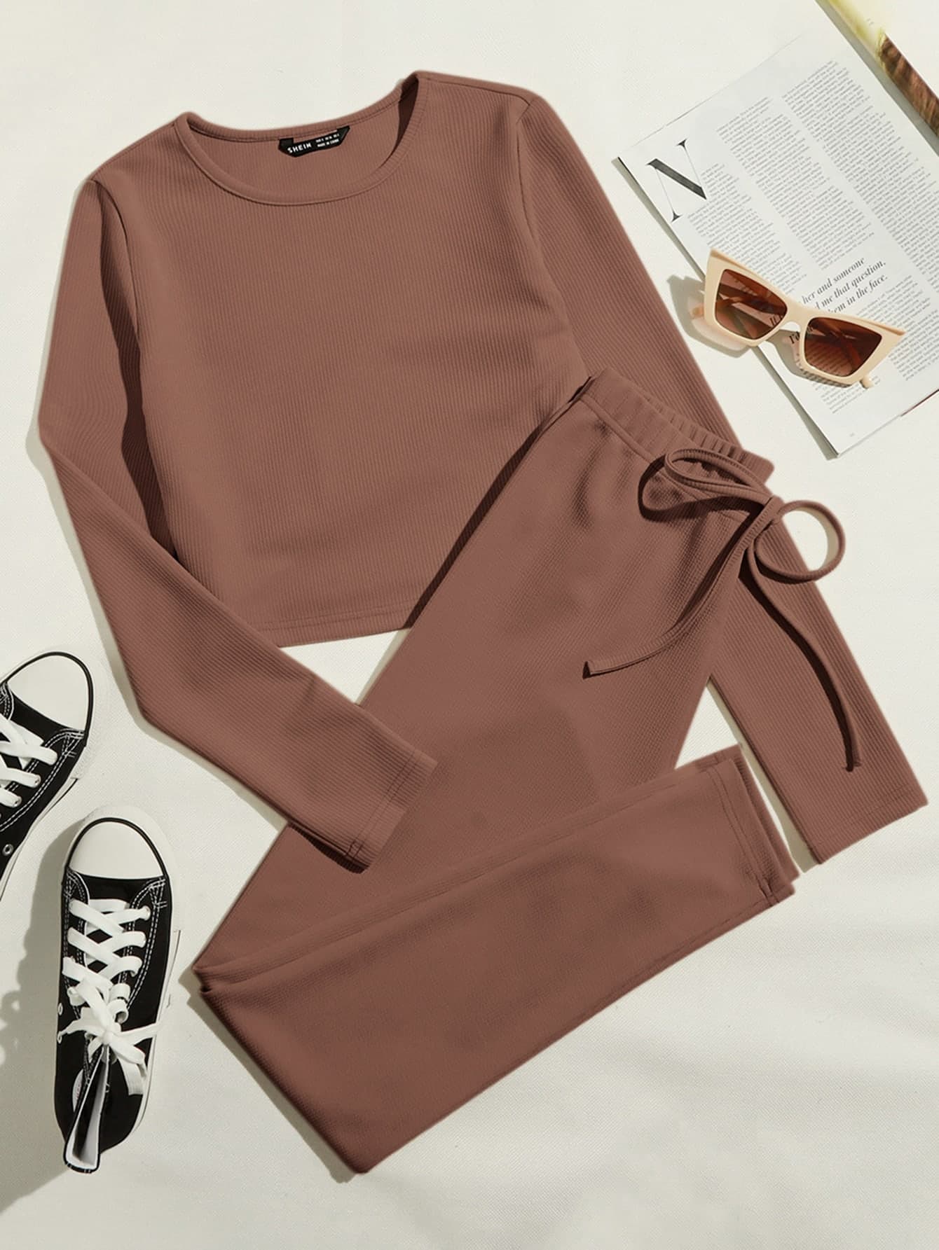 SHEIN EZwear Rib-knit Solid Top & Tie Waist Leggings Set