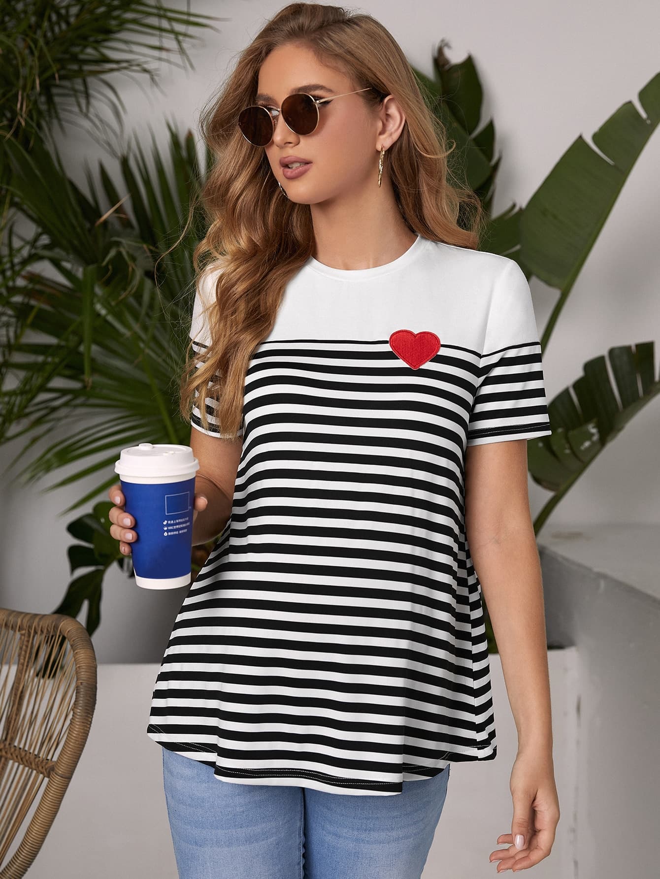 SHEIN Maternity Heart Embroidered Striped Top World Cup