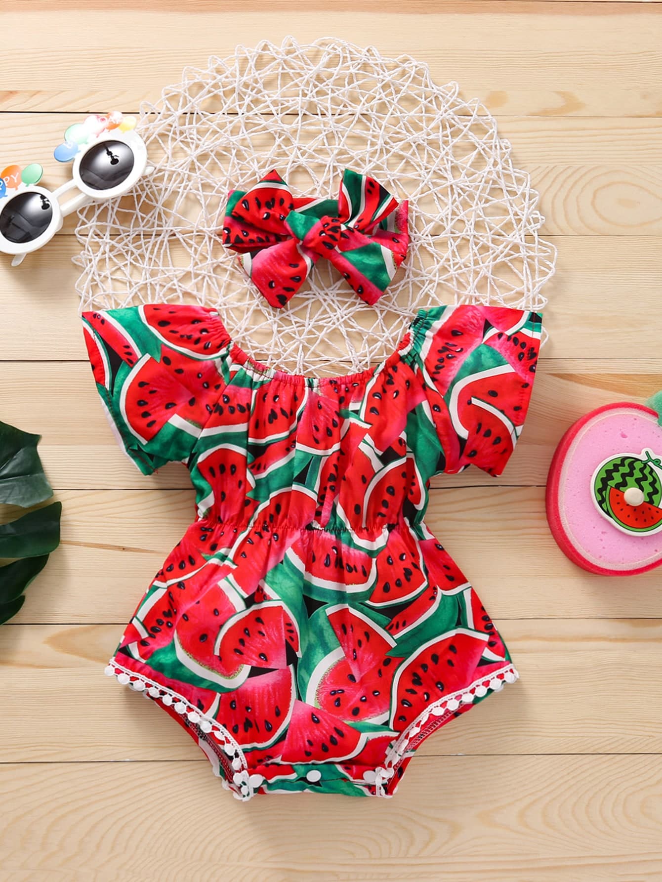 SHEIN Baby Girl Watermelon Print Bodysuit With Headband