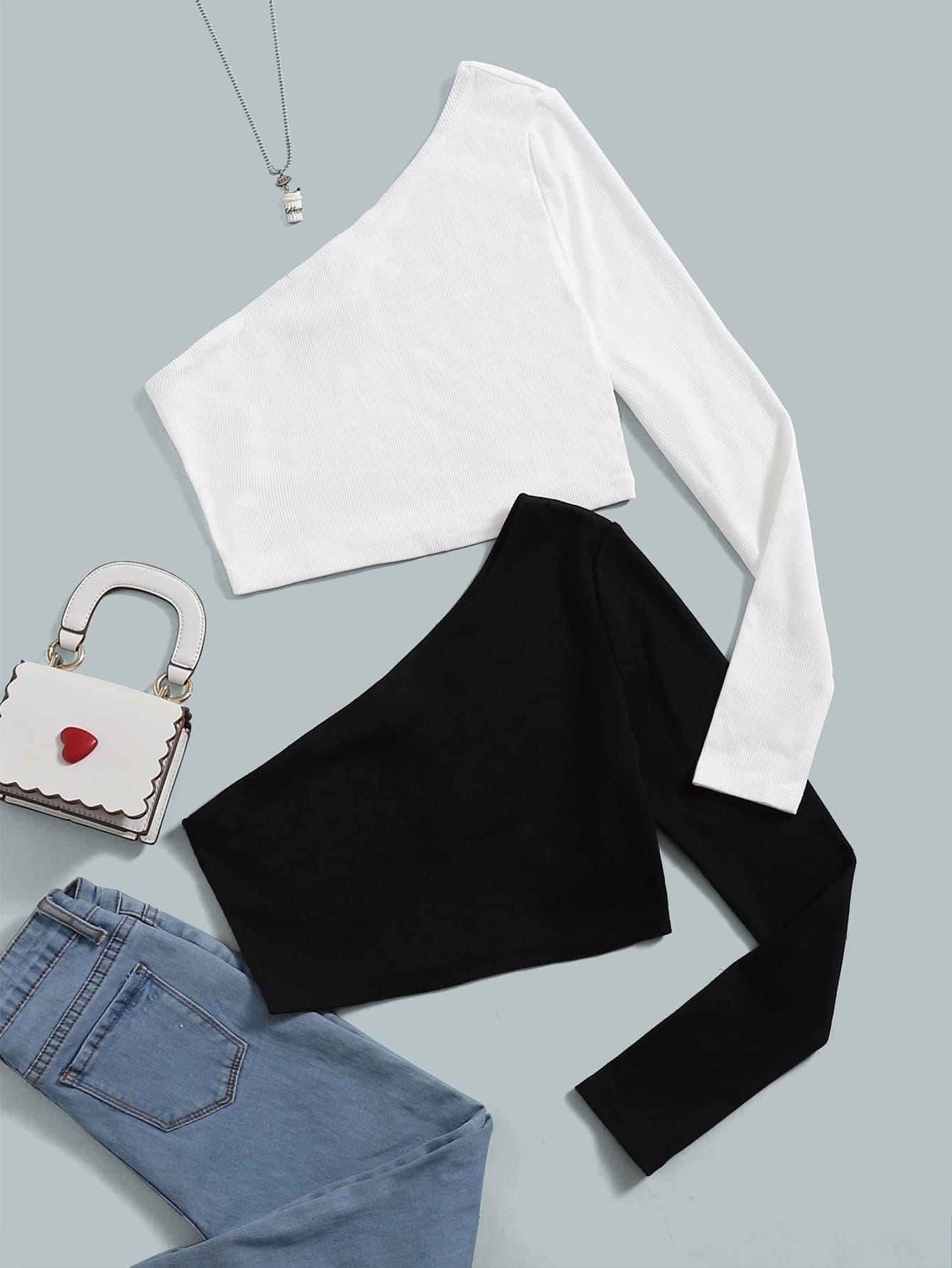 SHEIN 2pcs Teen Girls' Knitted Solid Color Open Shoulder Long Sleeve T-Shirt, Suitable For Summer