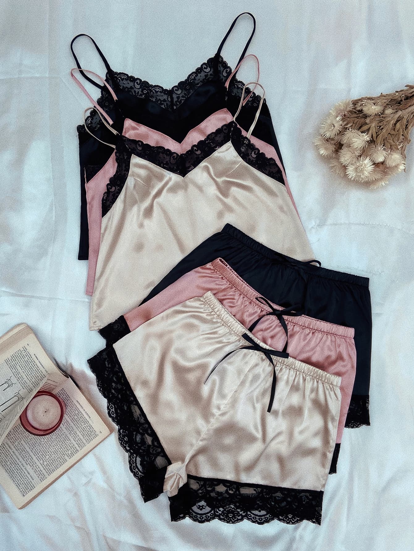 SilkySpell 3sets Lace Trim Cami Top & Shorts Pajama Set