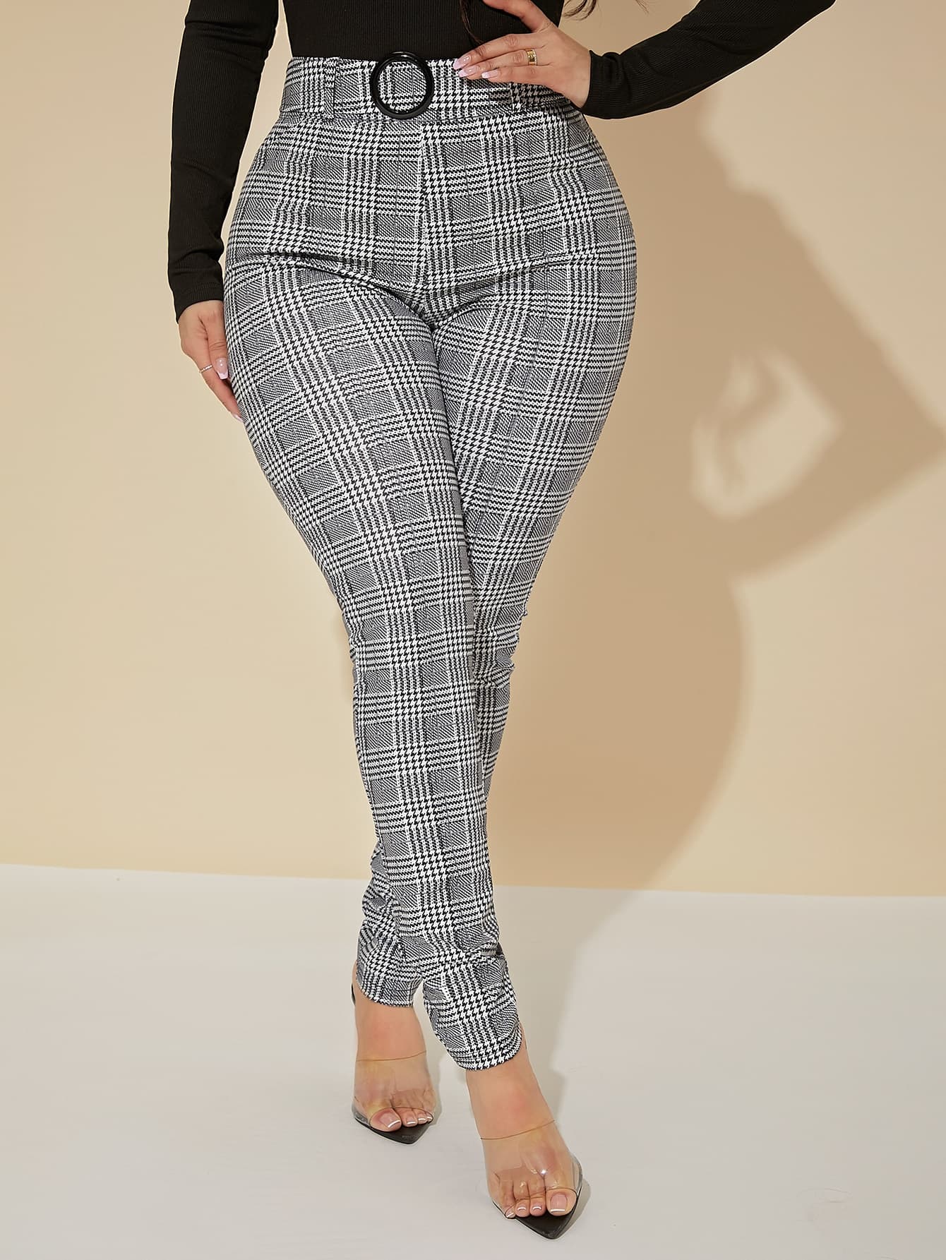 SHEIN SXY Plus Size Women's Houndstooth Pattern Slim Fit Versatile Suit Pants Fall