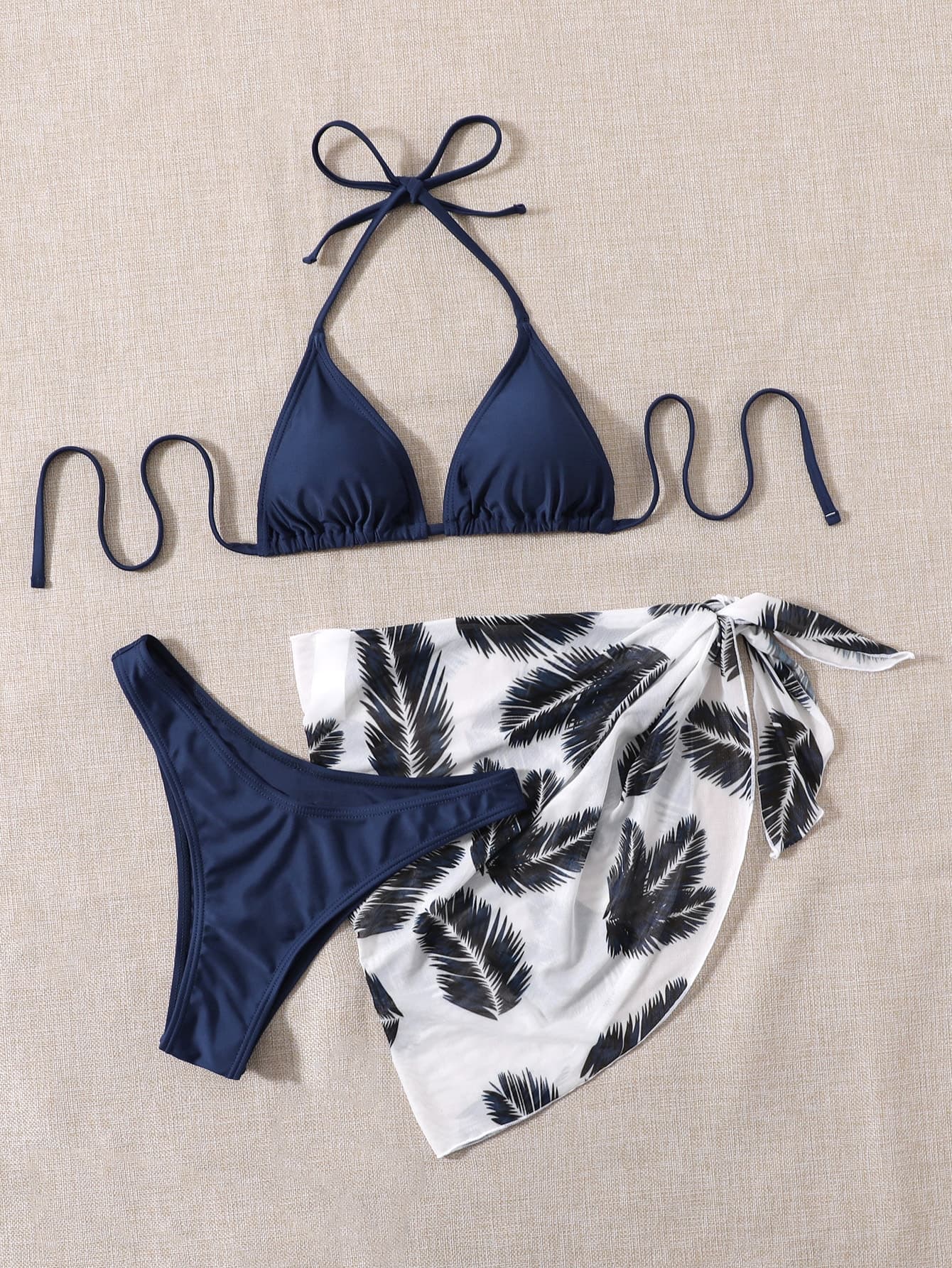 Swim Vcay Summer Beach 3packs Halter Triangle Bikini With Palm Print Beach Skirt