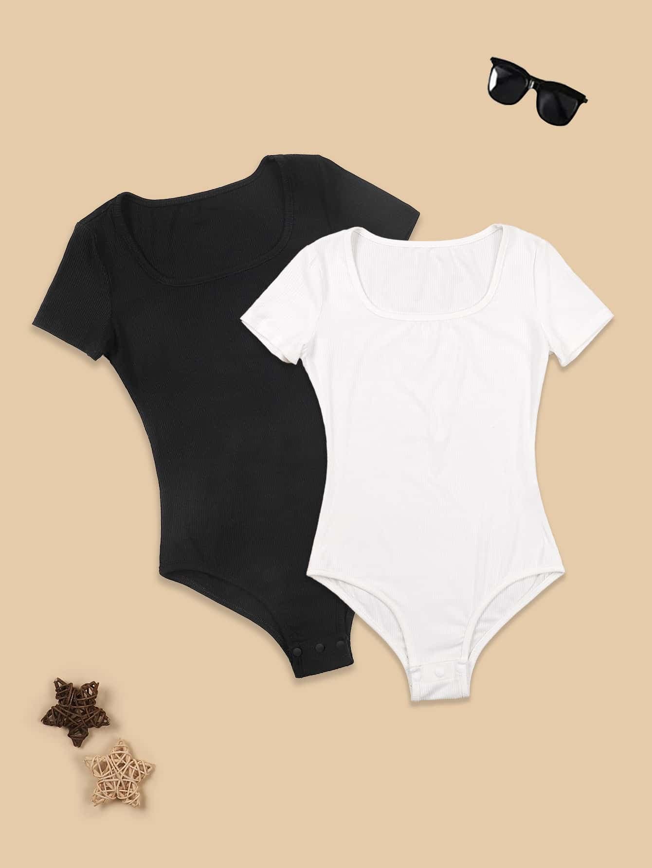 SHEIN Tween Girl 2pcs Solid Ribbed Knit Bodysuit