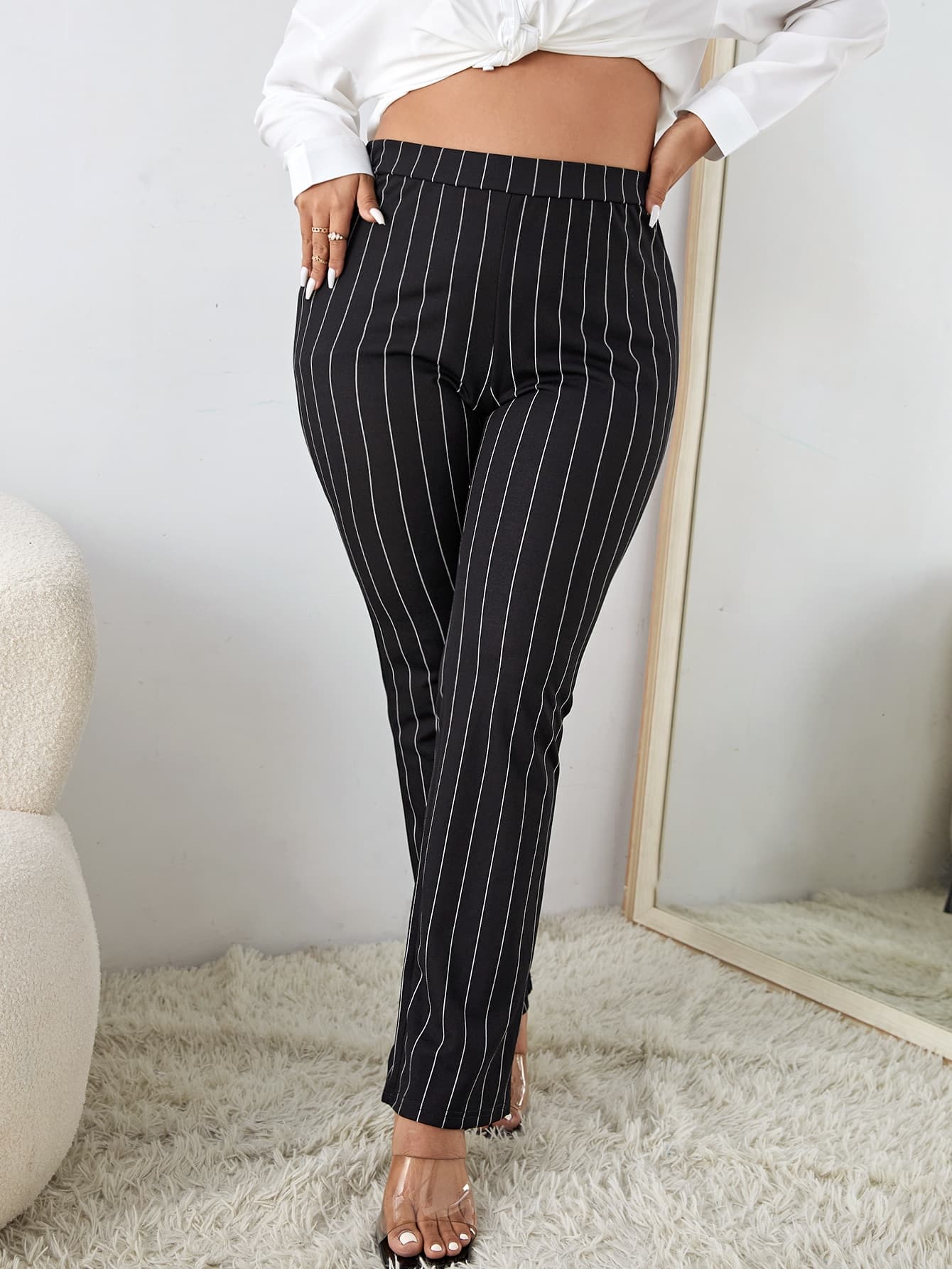SHEIN Frenchy Plus High Waist Vertical Striped Boot-Cut Leg Pants Fall