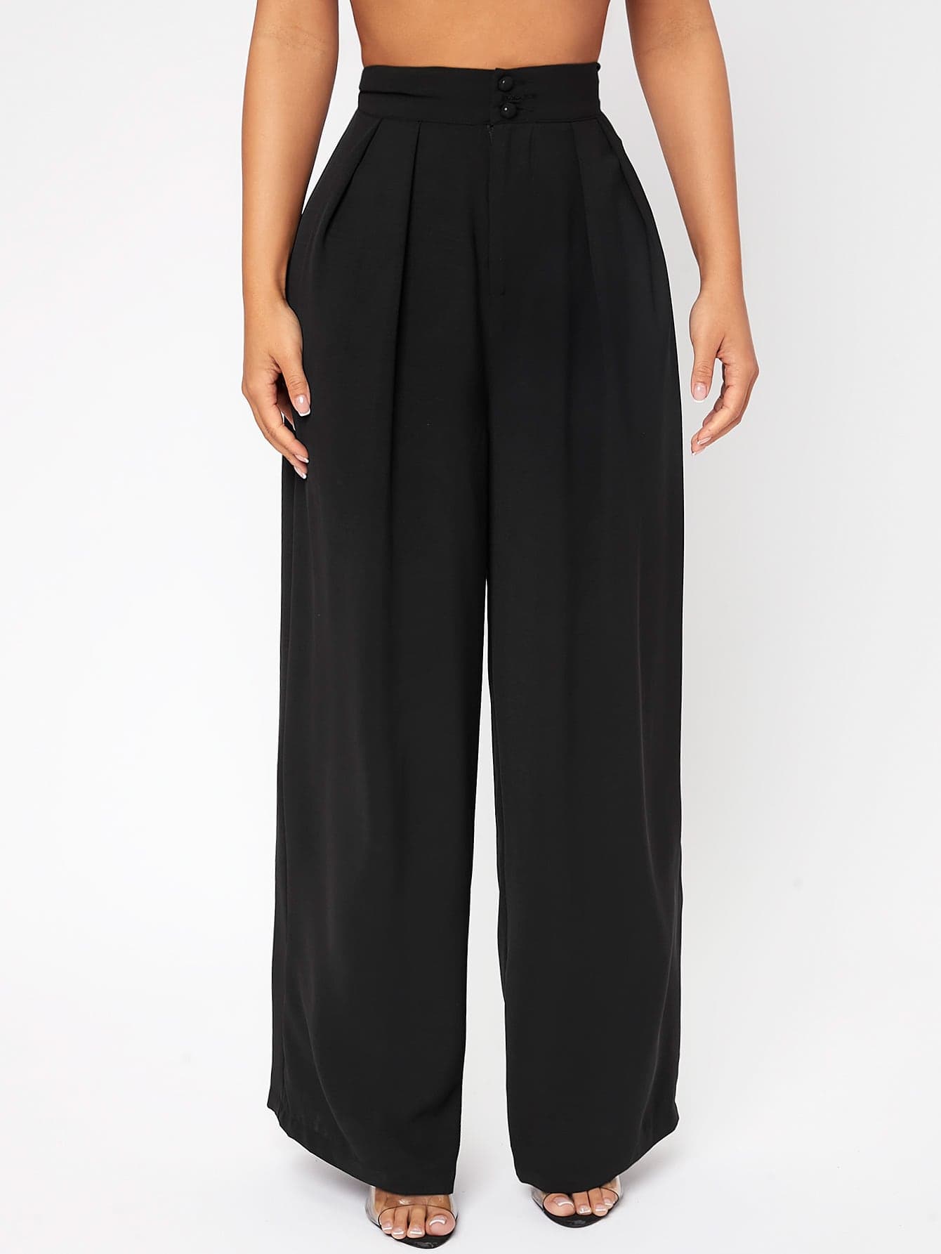 SHEIN PETITE High Waist Plicated Wide Leg Black Dress Pants ,Petite Women