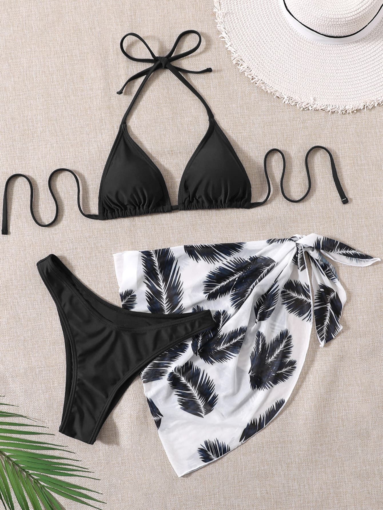 Mistrie Summer Beach 3packs Halter Triangle Bikini & Plant Print Beach Skirt Vacation Black