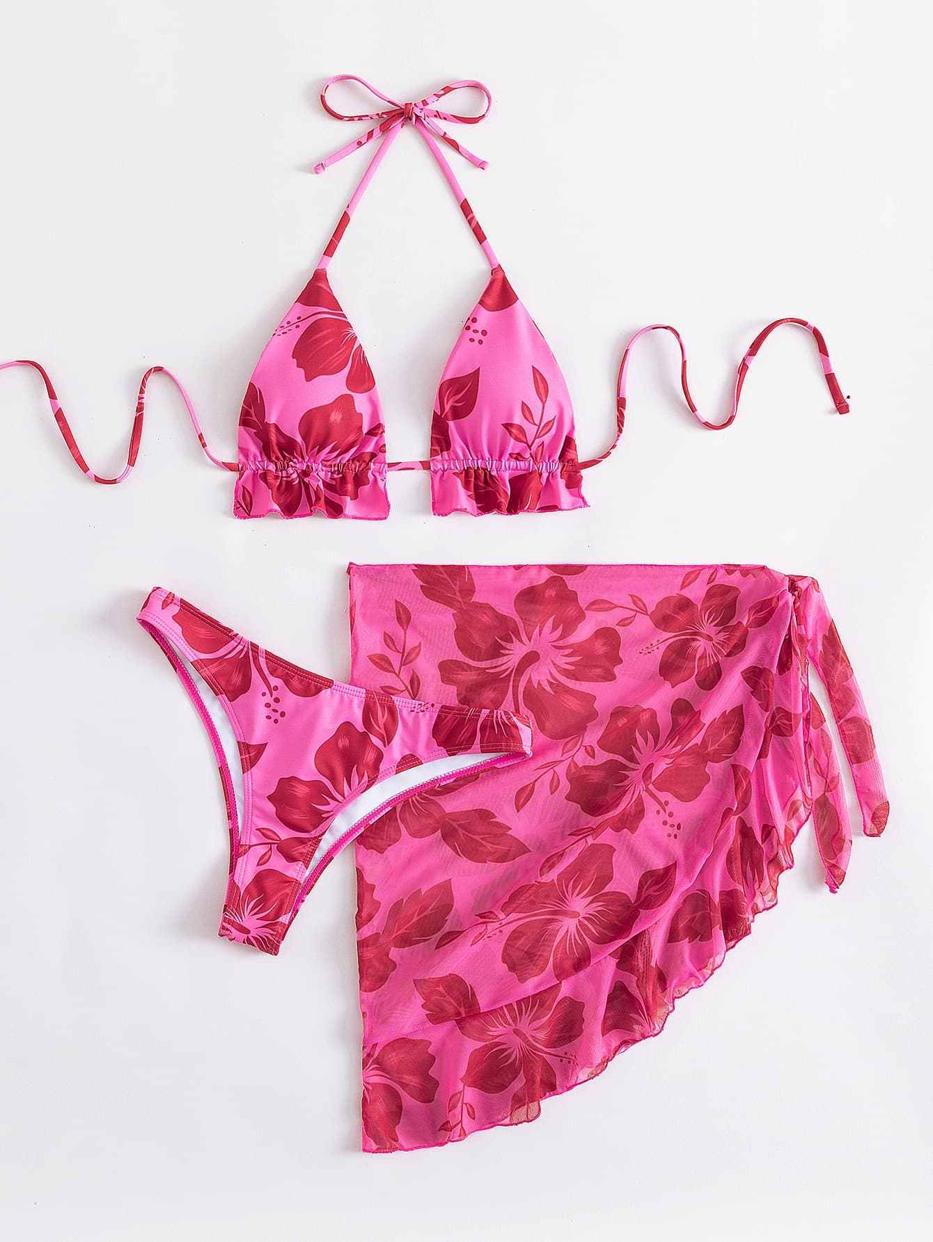 Sweetra Summer Beach Floral Print Bikini Set Halter Bra & Hipster Bottom & Beach Skirt 3 Piece Bathing Suit