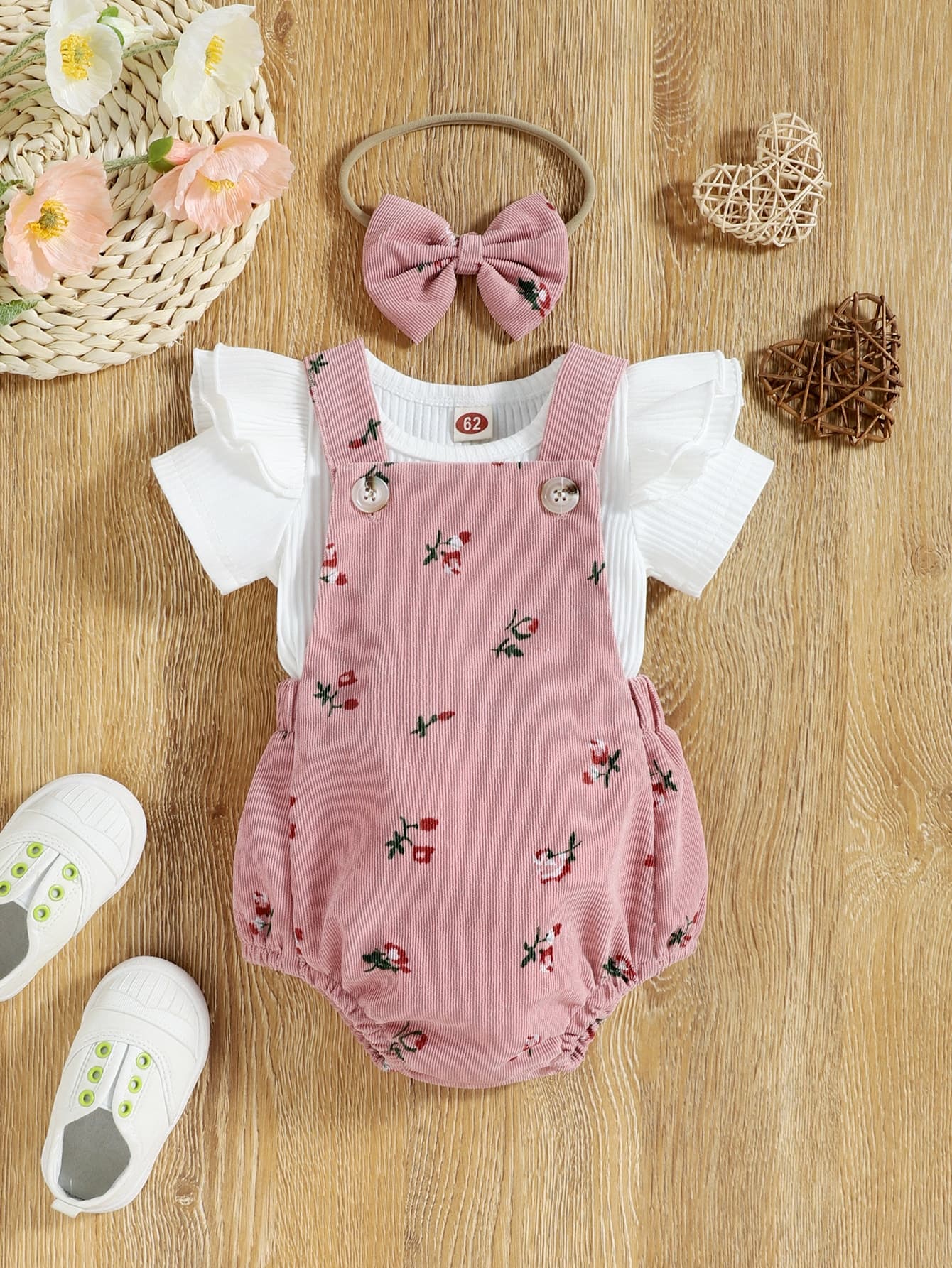 SHEIN Vintaside Kids Baby Girl Ruffle Trim Tee & Floral Print Bodysuit Without Headband