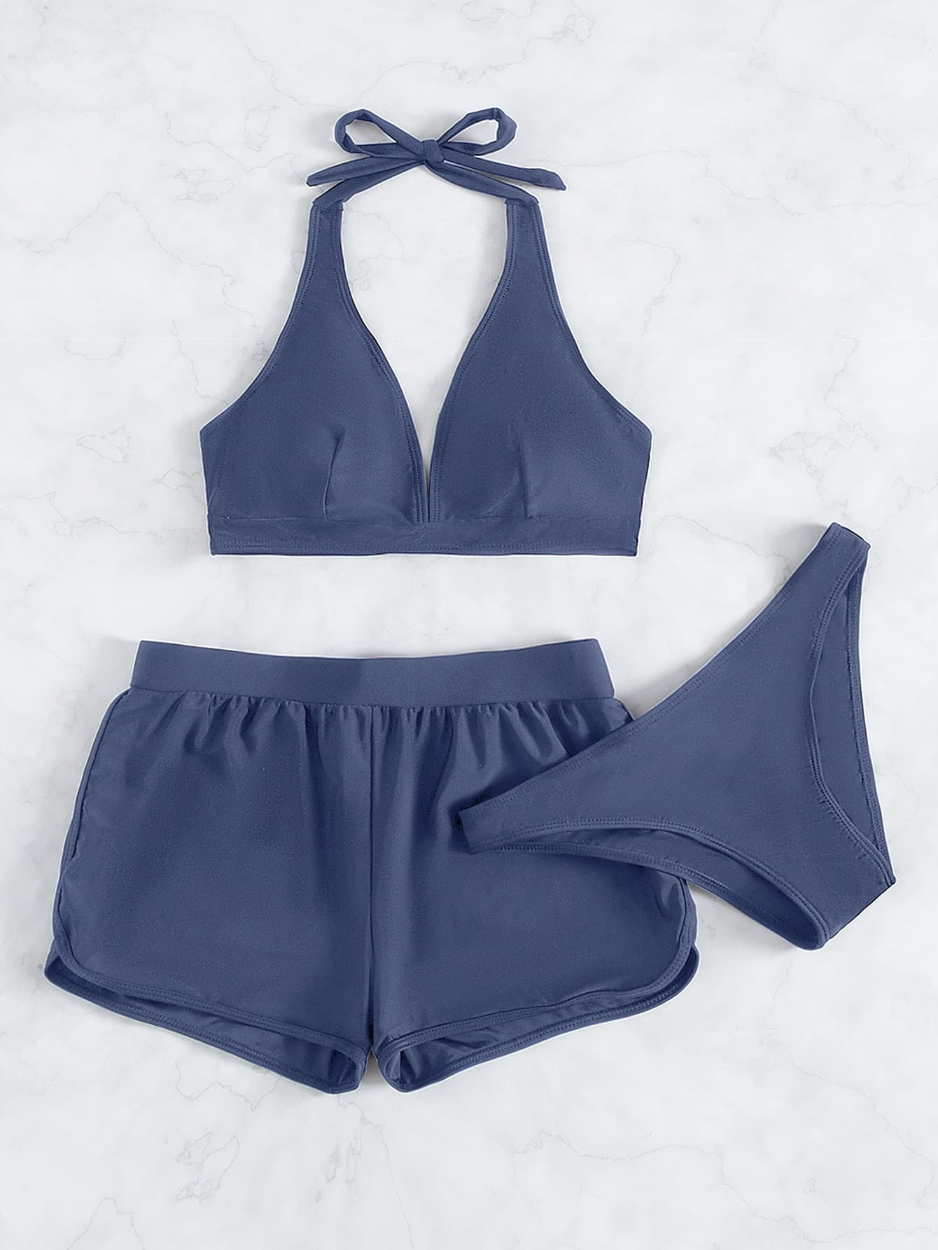 Swim Basics 2026 Spring/Summer 3pcs Set Hazy Blue Halter V-Neck Vacation Triangle Bikini Bottom + Briefs Bikini Set