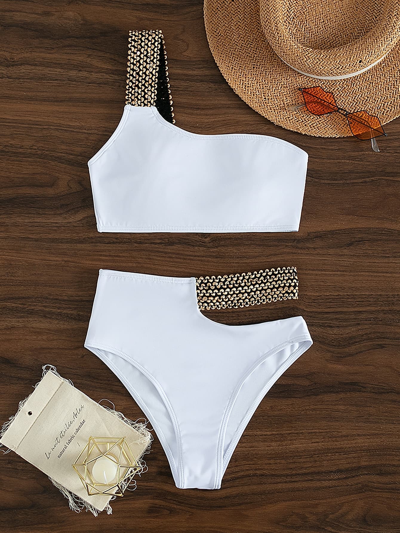 SHEIN Swim Contrast Panel Bikini Set One Shoulder Wireless Bra Top & Cut Out High Waist Bikini Bottom 2 Pieces Bikini,Summer Beach