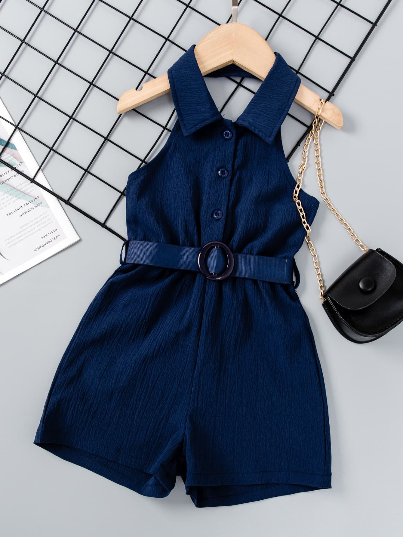 SHEIN Elladie kids 1pc Young Girl Halter Neck Sleeveless Jumpsuit With Half Placket And Elastic Waist, Summer Summer Holiday