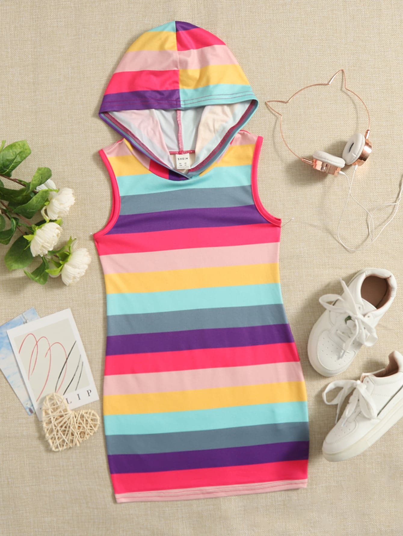 SHEIN Young Girl Color Block Stripe Hooded Dress