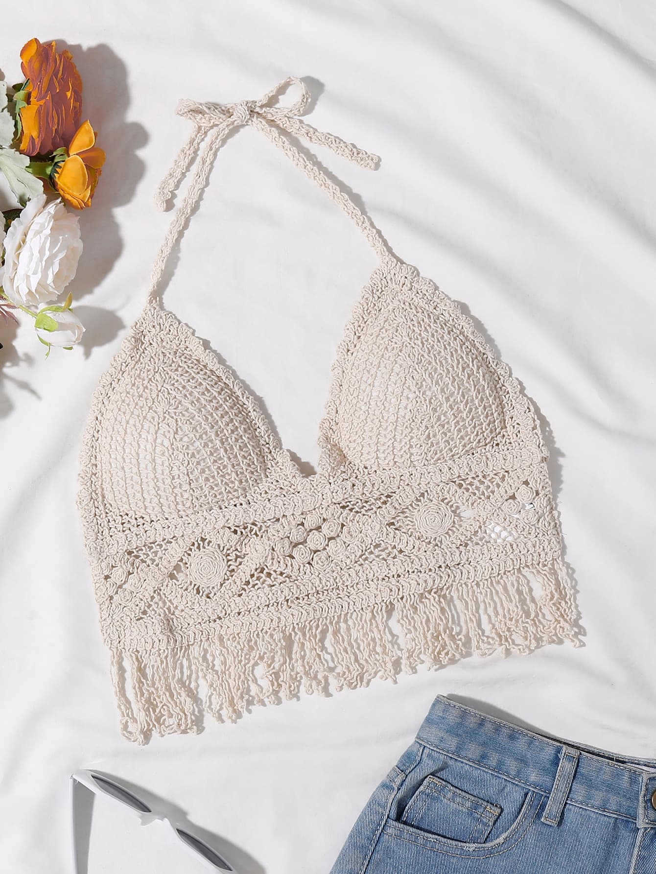 SHEIN Franclia Fringe Hem Halter Tankini Top,Summer Beach