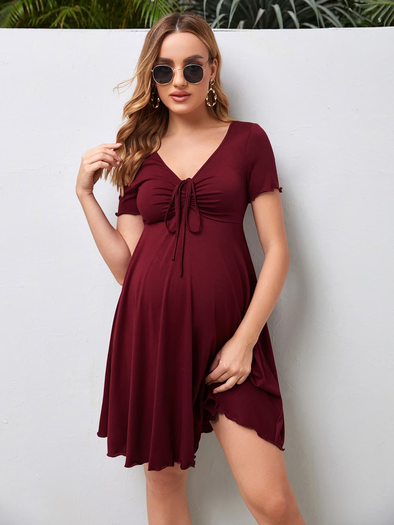 SHEIN Maternity Drawstring Front Lettuce Trim Dress