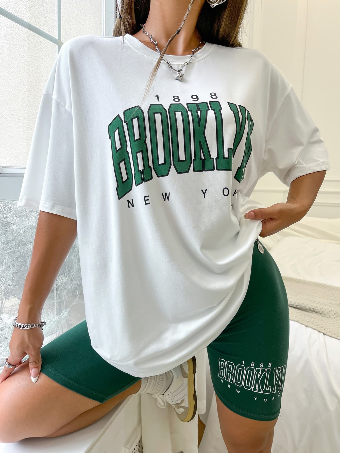 SHEIN MOOSTA Letter Graphic Drop Shoulder Tee & Biker Shorts