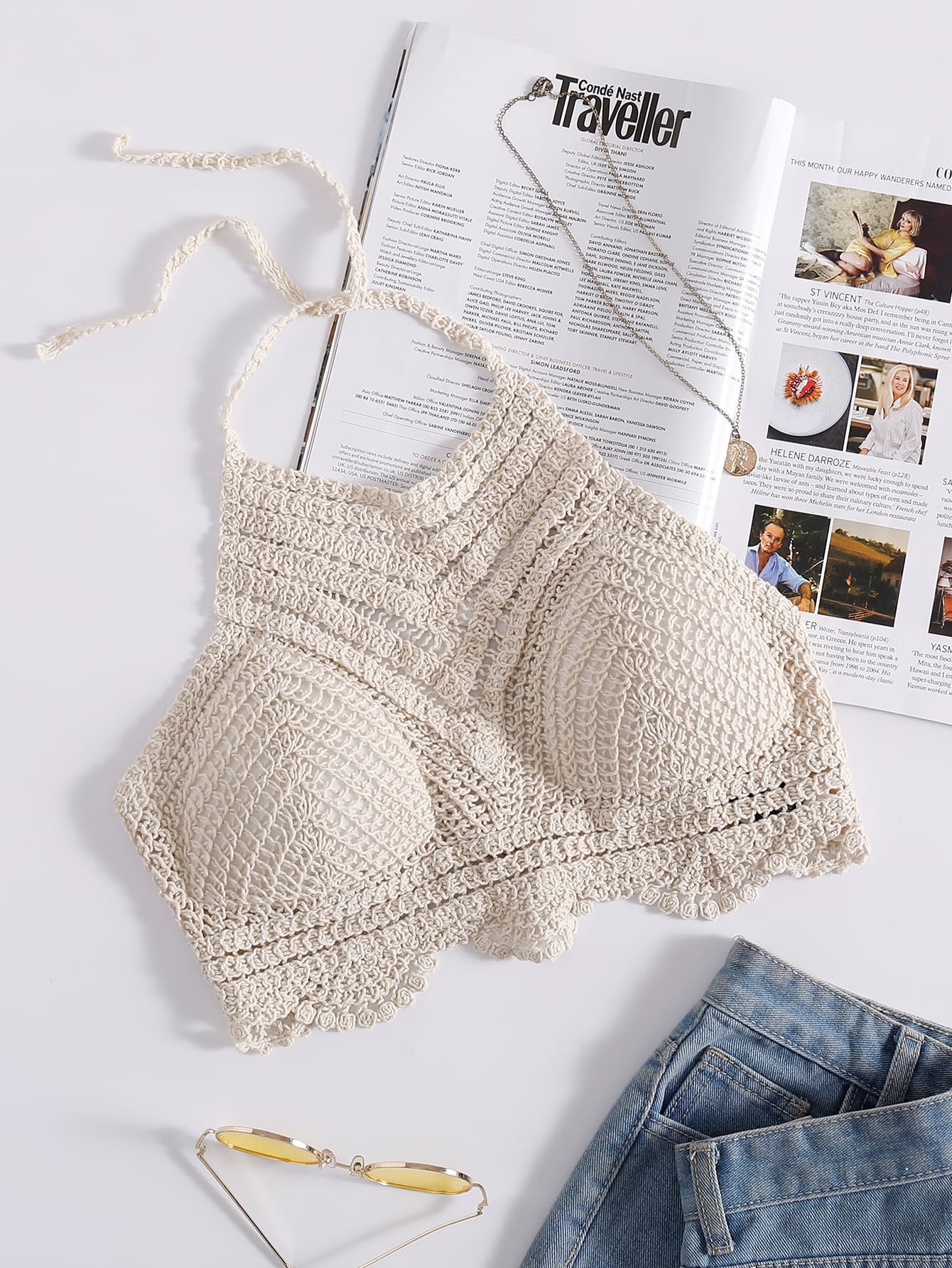 Breezaya Scallop Trim Halter Push Up Crochet Bikini Top,Summer Beach