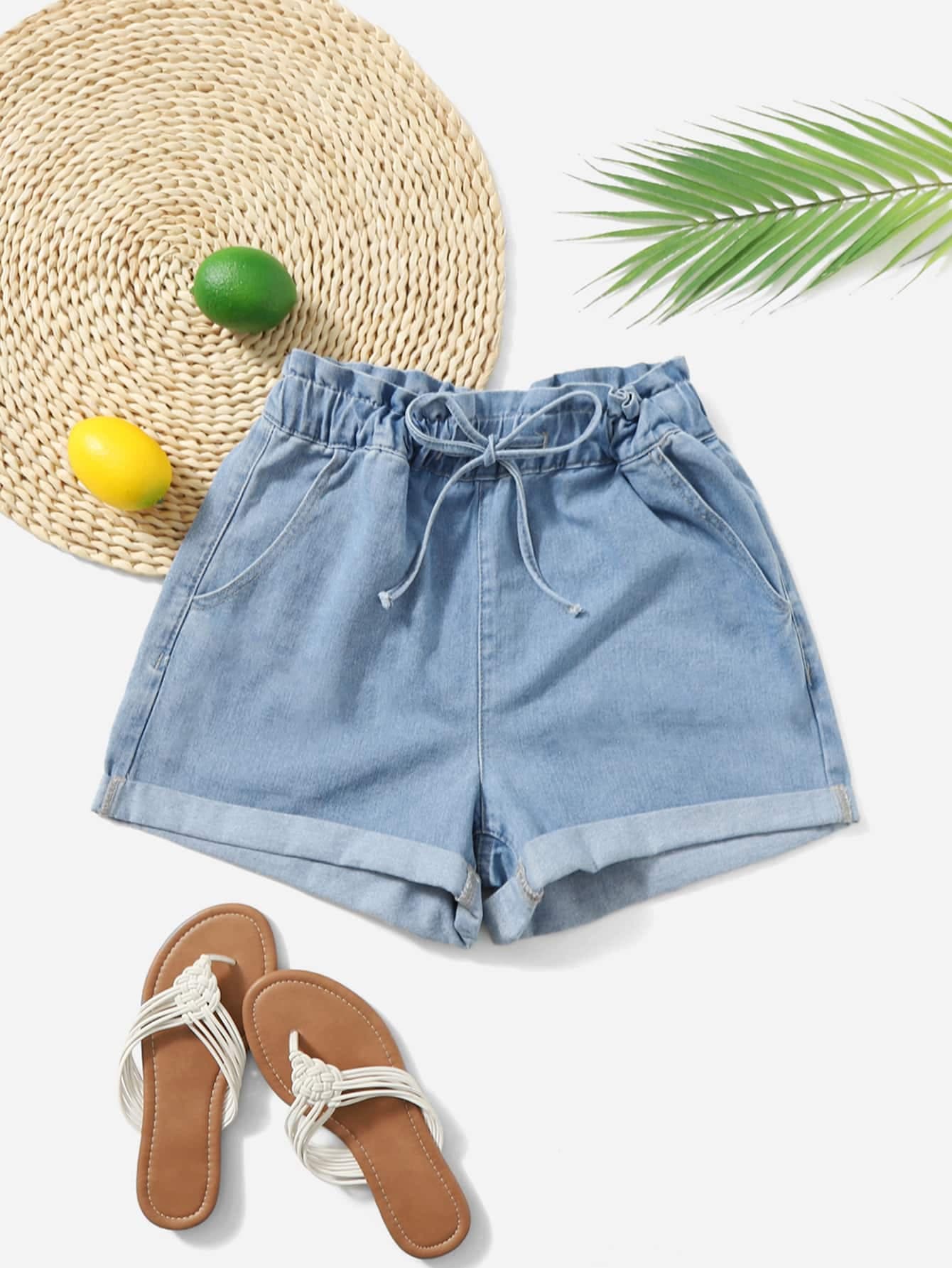 SHEIN Essnce Tie Waist Light Wash Denim Shorts