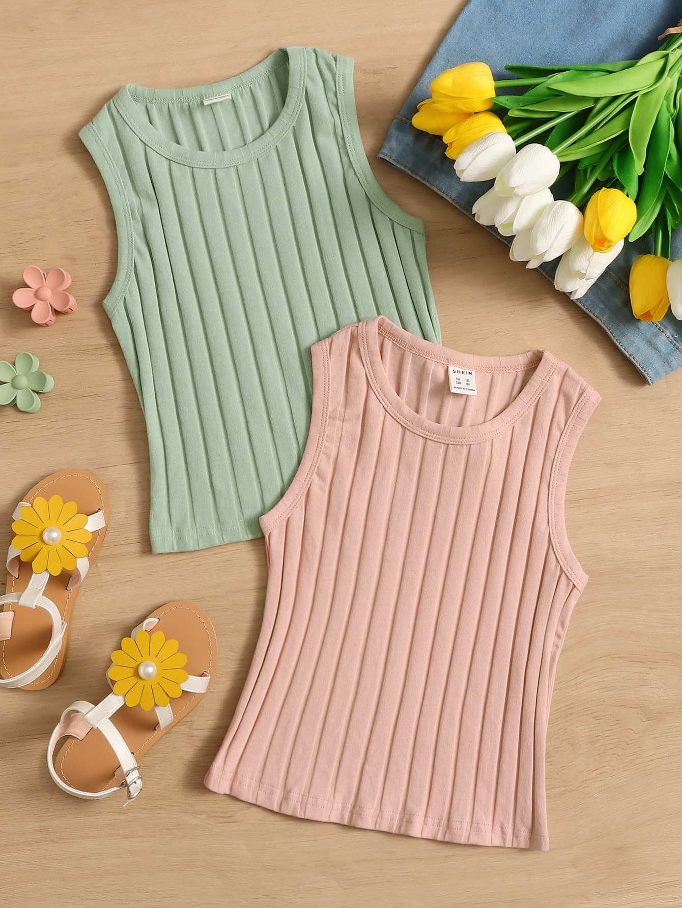 SHEIN 2pcs Tween Girls' Solid Color Ribbed Crew Neck Casual Knit Top