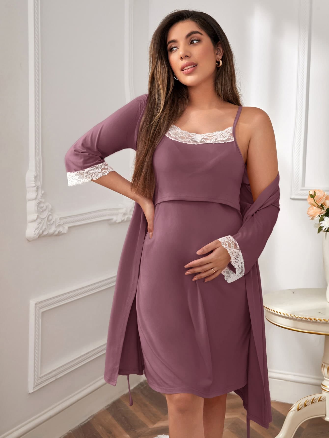 SHEIN Maternity Floral Lace Trim Robe & Slip Dress For Mother, Fall Winter Clothes