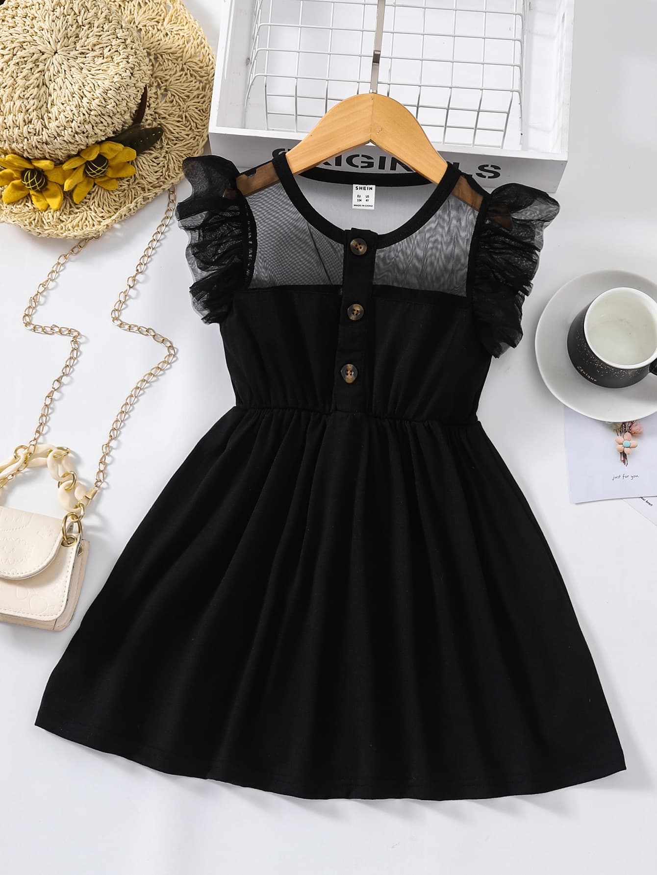SHEIN Elladie kids Young Girl Contrast Mesh Butterfly Sleeve A-Line Dress Summer Holiday