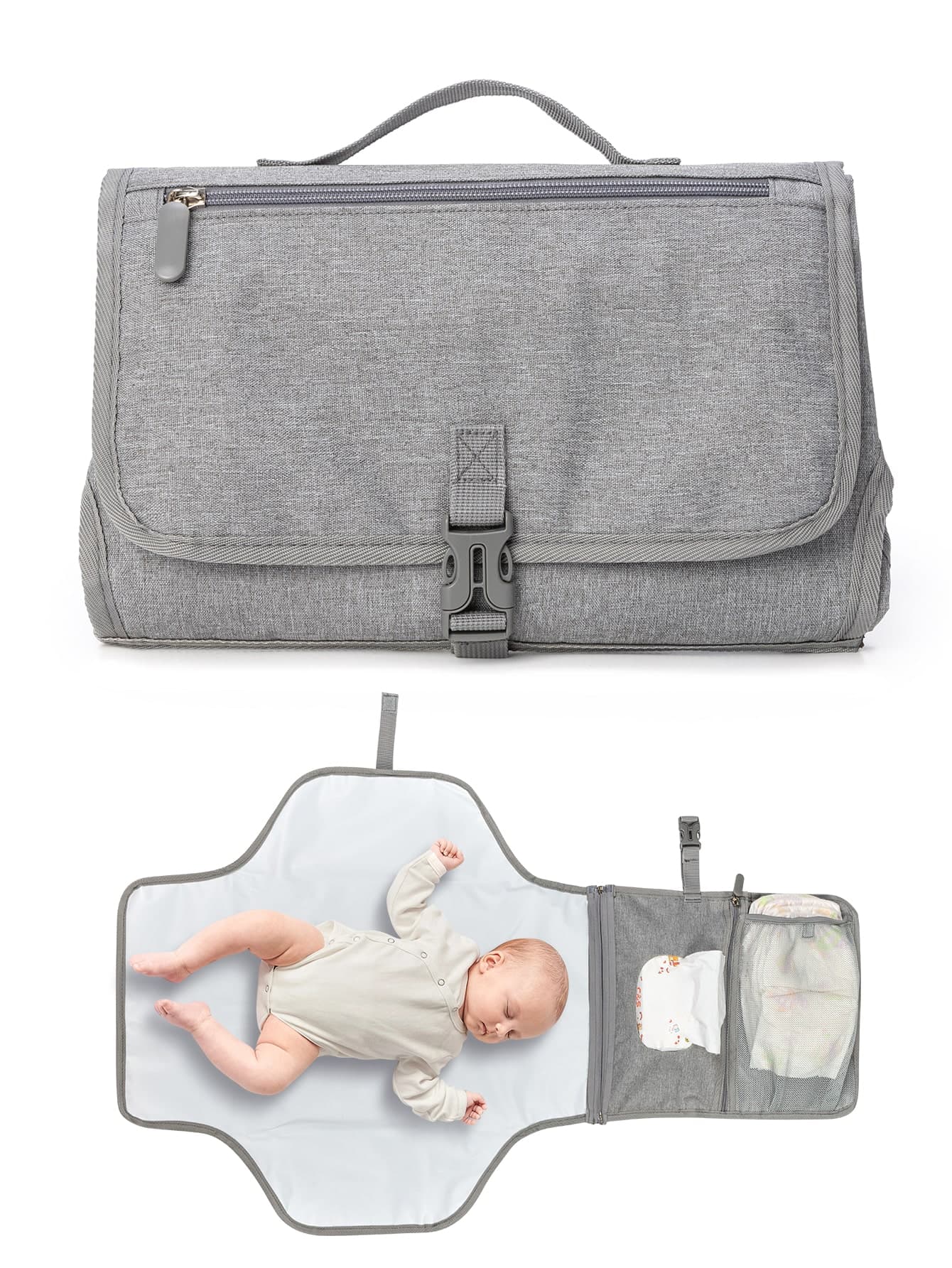 Baby Portable Diaper Changing Pad - Baby Diaper Changer Travel Bag With Wipes Pocket, Smart Design Portable Changing Mat, Infant Travel Station Kit, Gift For Newborn Girl & Boy - Grey, Classic