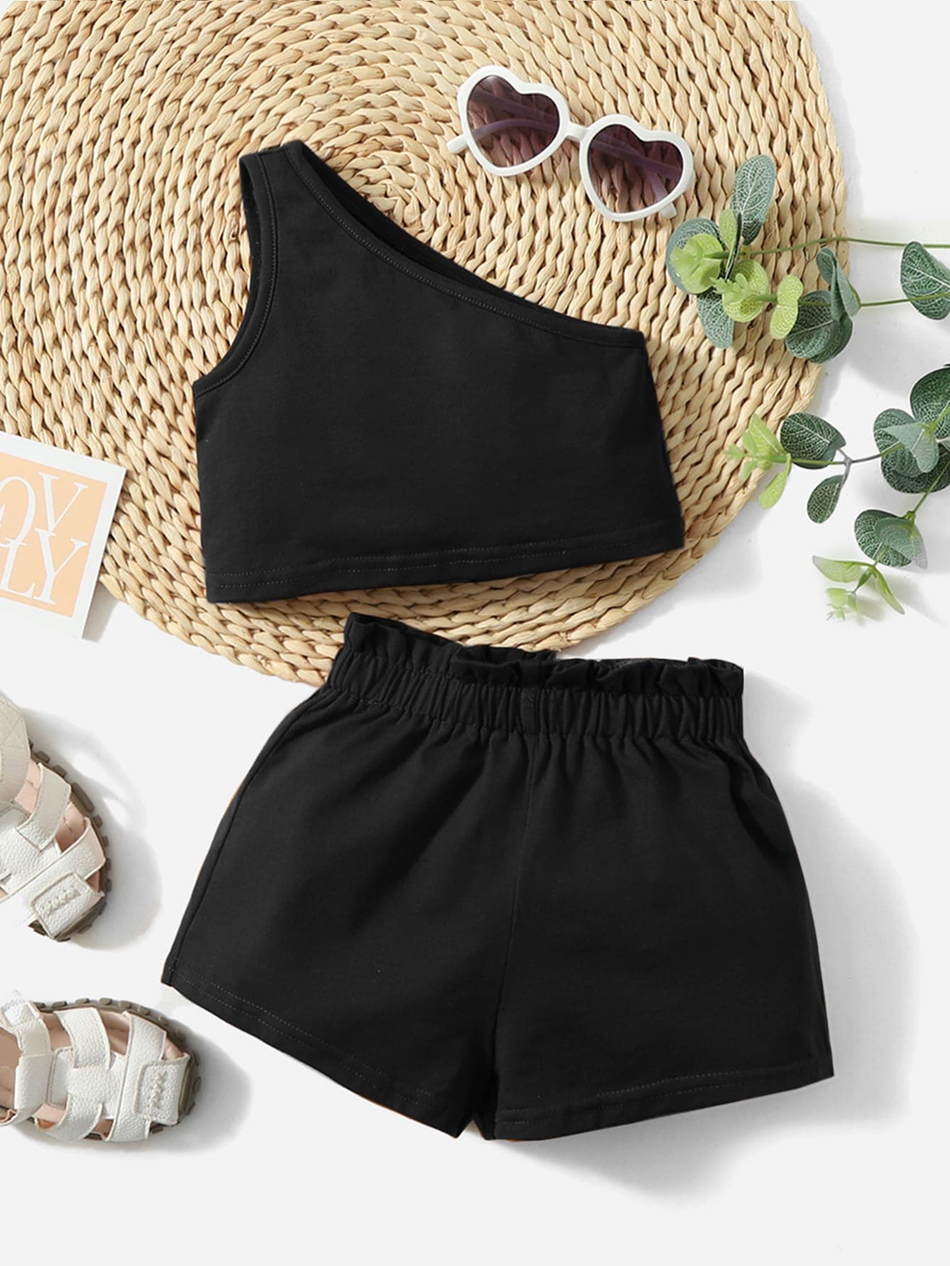 SHEIN Baby Girl One Shoulder Top & Paper Bag Waist Shorts