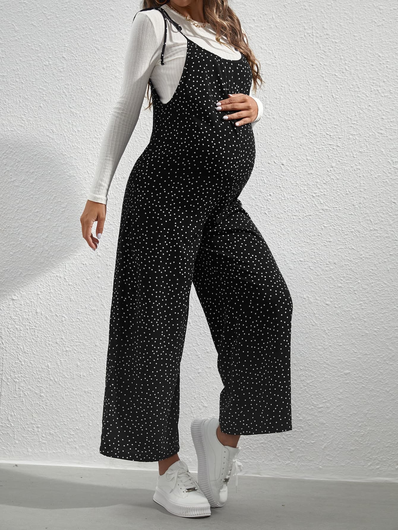SHEIN Maternity Polka Dot Tie Shoulder Overall Jumpsuit Without Tee Fall