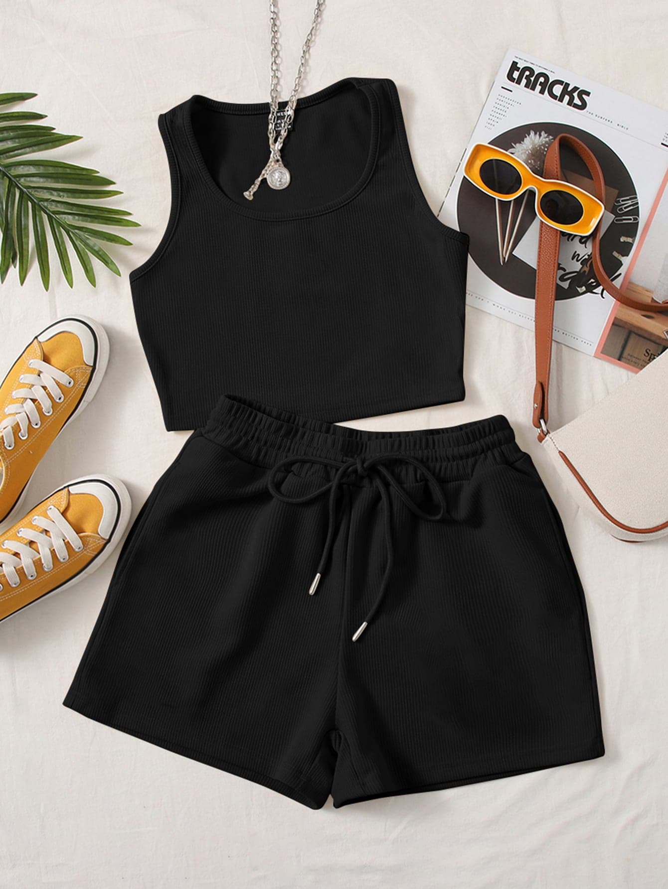 SHEIN EZwear Scoop Neck Tank Top And Track Shorts Two Pieces
