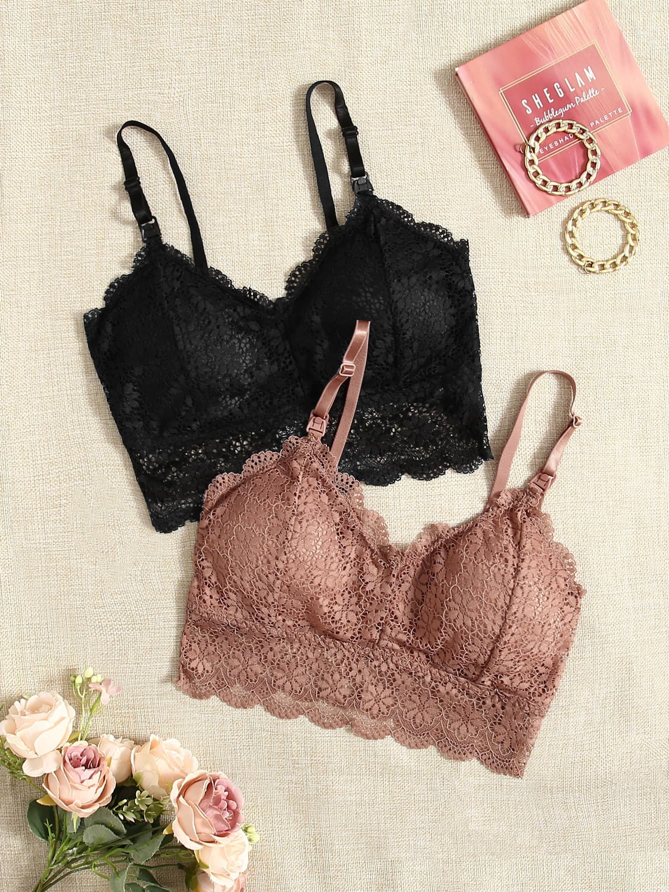 SHEIN Maternity 2packs Floral Lace Wireless Bralette Lingerie For Mother