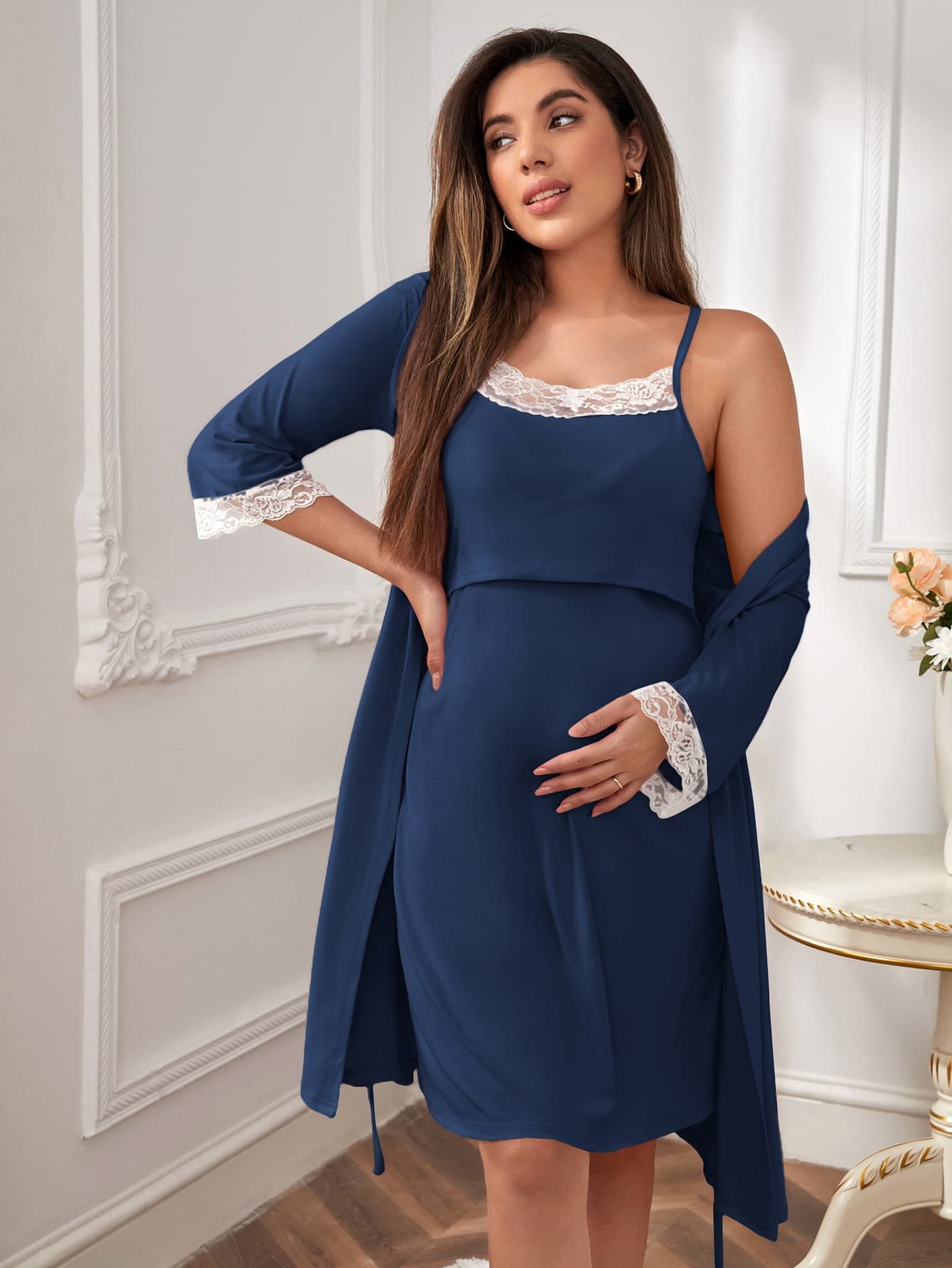 Moonlight&Mama Maternity Floral Lace Trim Robe & Slip Dress For Mother, Fall Winter Clothes