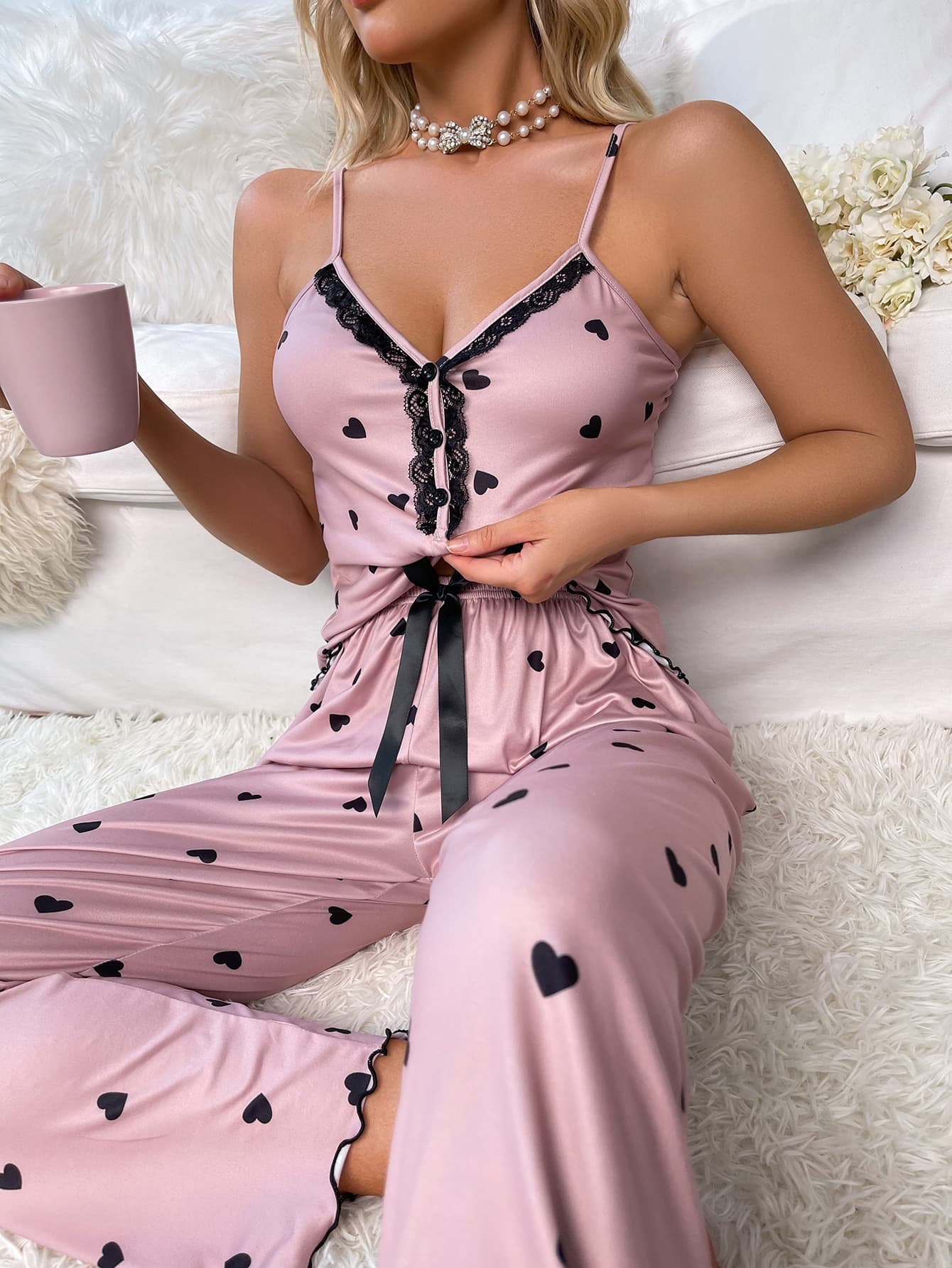 Heart Print Contrast Lace Bow Front Cami PJ Set / Pajama Set Bow Tie