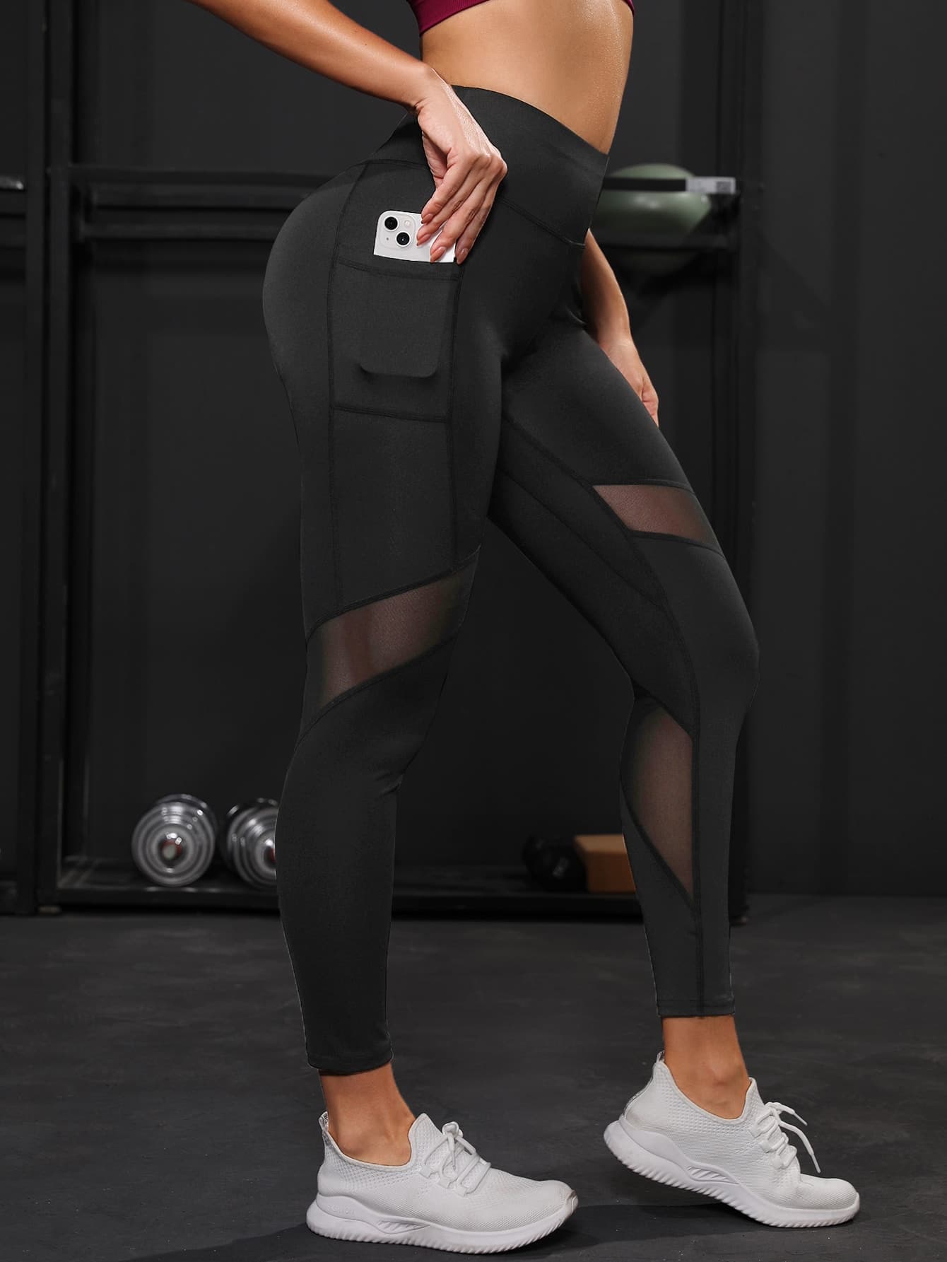 Powerista Cropped Yoga Leggings Tummy Control Contrast Mesh Gym Tights With Side Phone Pocket