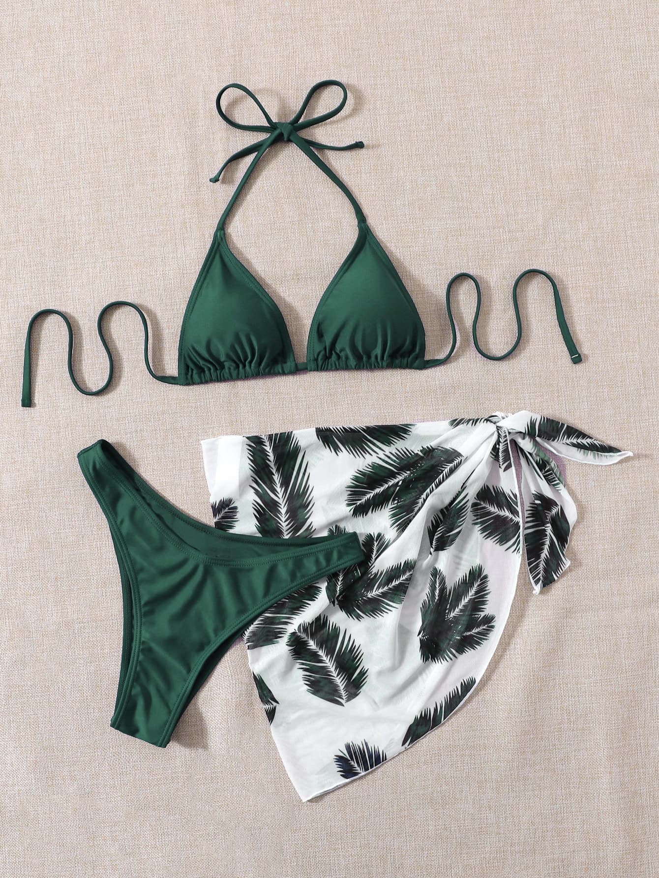 Swim Vcay Summer Beach Leaf Print Bikini Set Halter Triangle Bra & High Cut Bottom & Cover Up Skirt 3 Piece Bathing