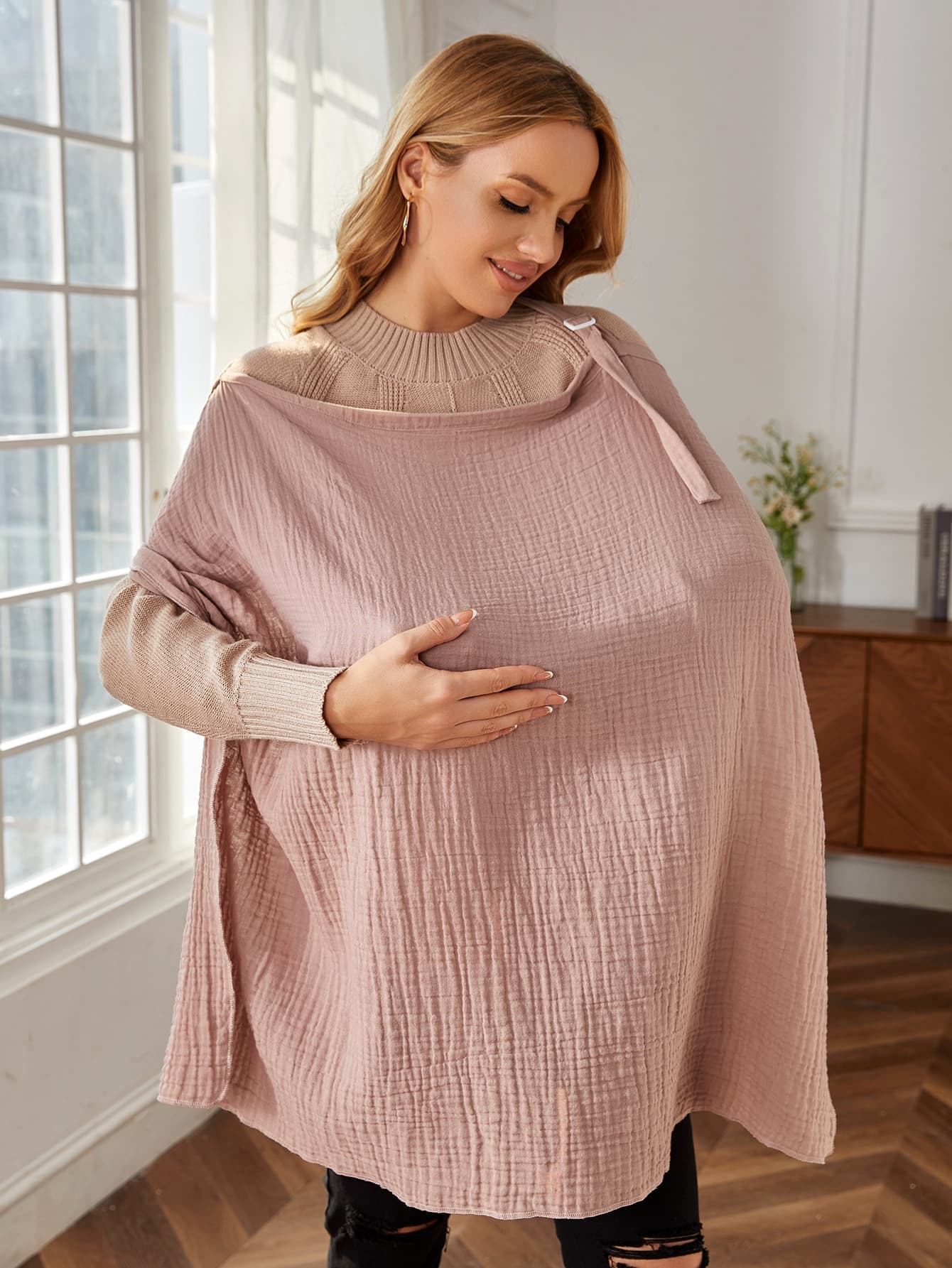 1pc Lotus Pink Lightweight All-Season Wrinkled Fabric Nursing Cover-Up Top, Soft Skin-Friendly Nursing Cover, Spring/Summer Car Seat Sunshade, Multi-Functional Baby Stroller Sun Canopy