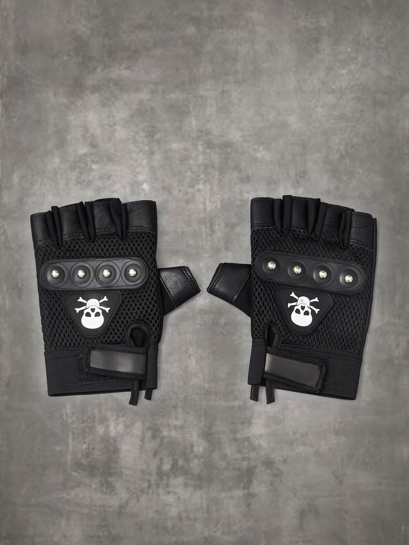 ROMWE Grunge Punk Skull Print Studded Decor Fingerless Gloves