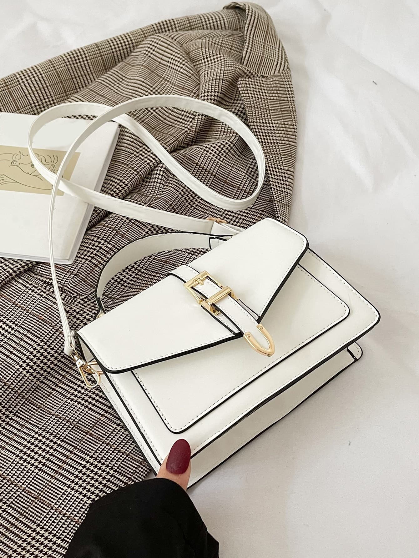 Buckle Decor Flap Square Bag, White Bag
