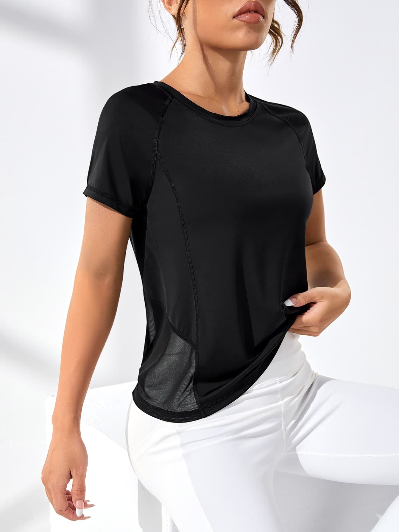 SHEIN Sports Contrast Mesh Raglan Sleeve Sports Tee Gym Women Shirts