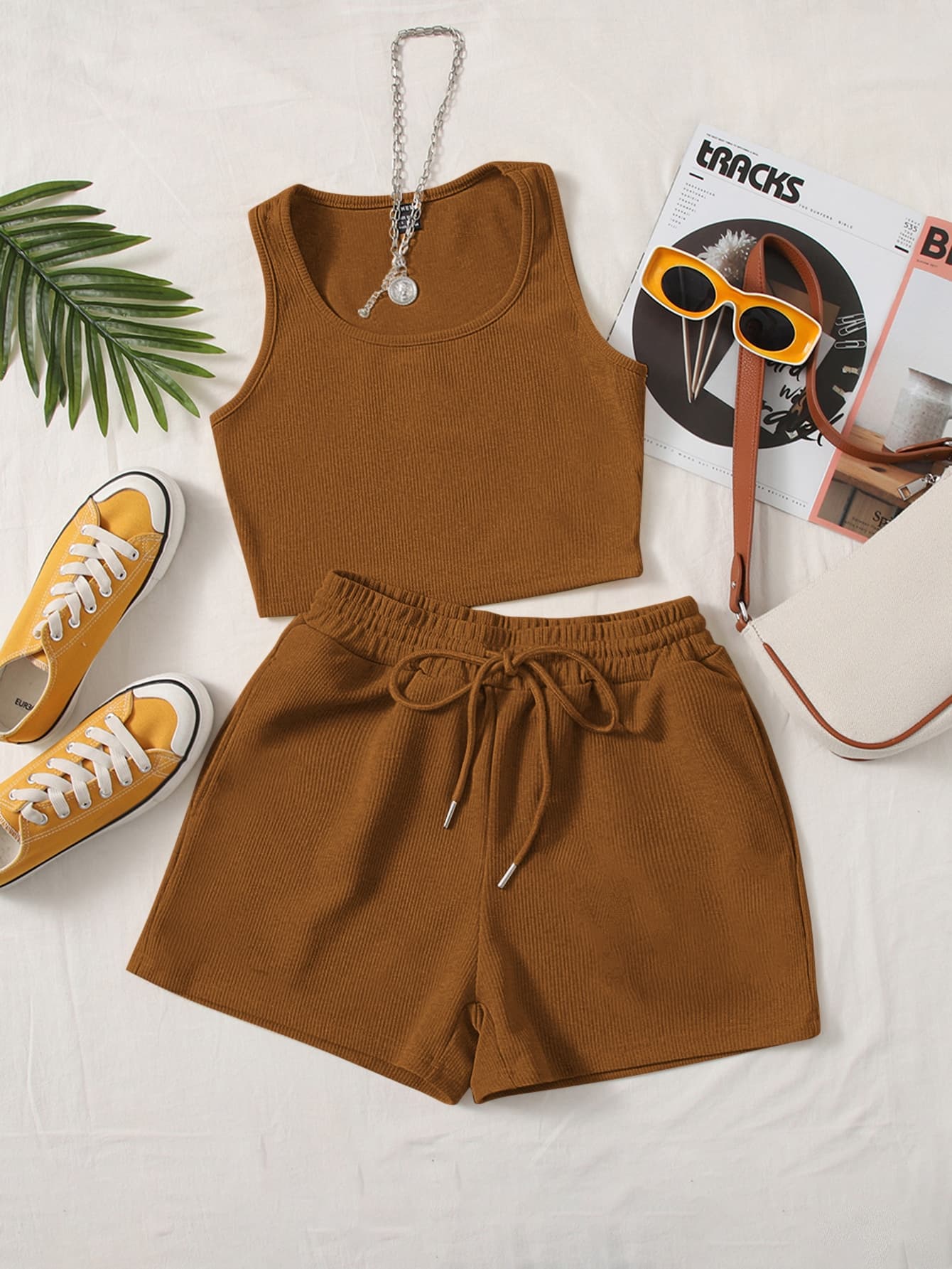 SHEIN EZwear Plus Solid Tank Top & Track Shorts Set