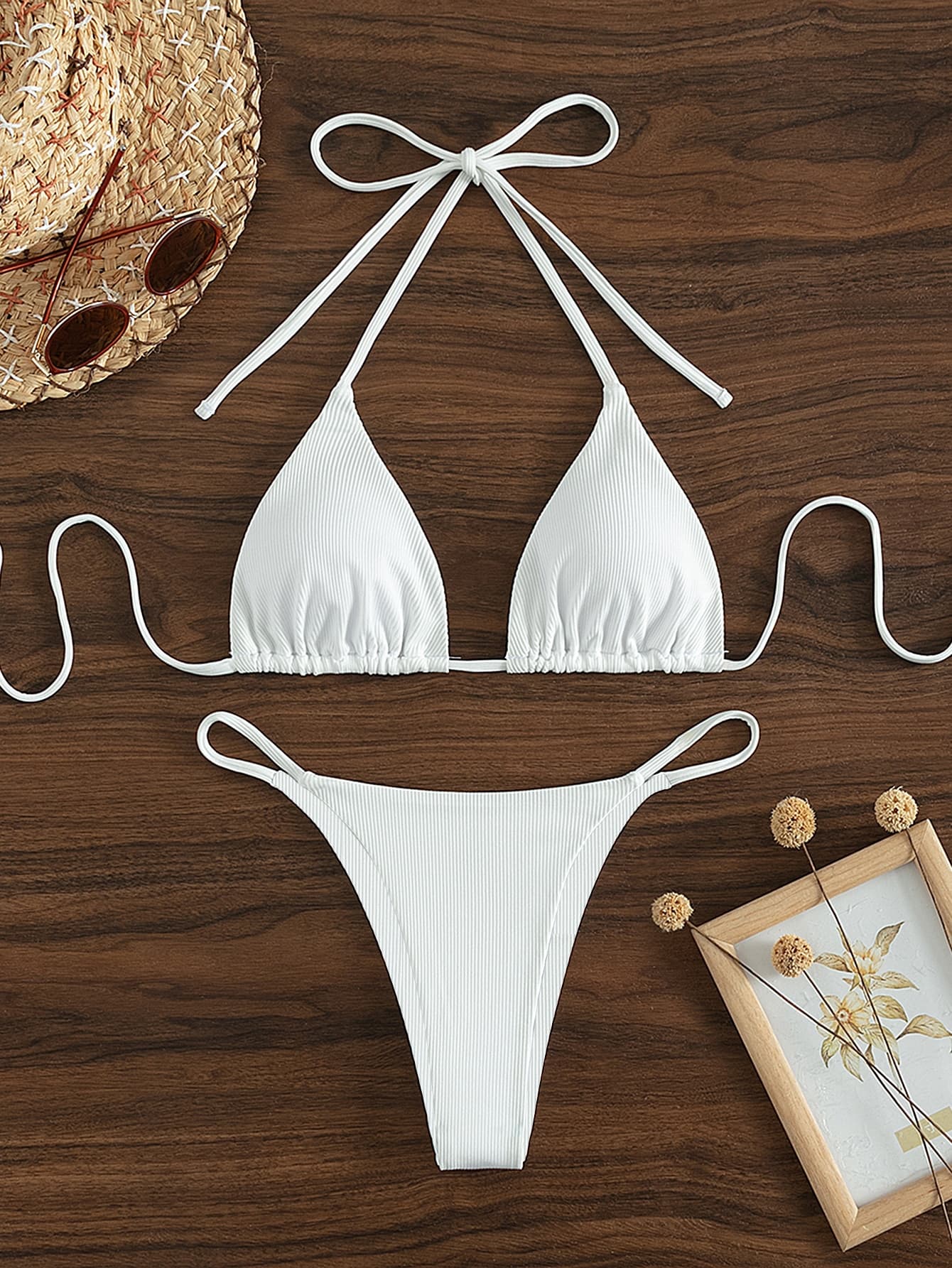 Swim Vcay 2026 Spring/Summer Women's Vacation Special Fabric Spaghetti Strap Halter White Sexy Thong Bikini 2 Pieces Swimsuit