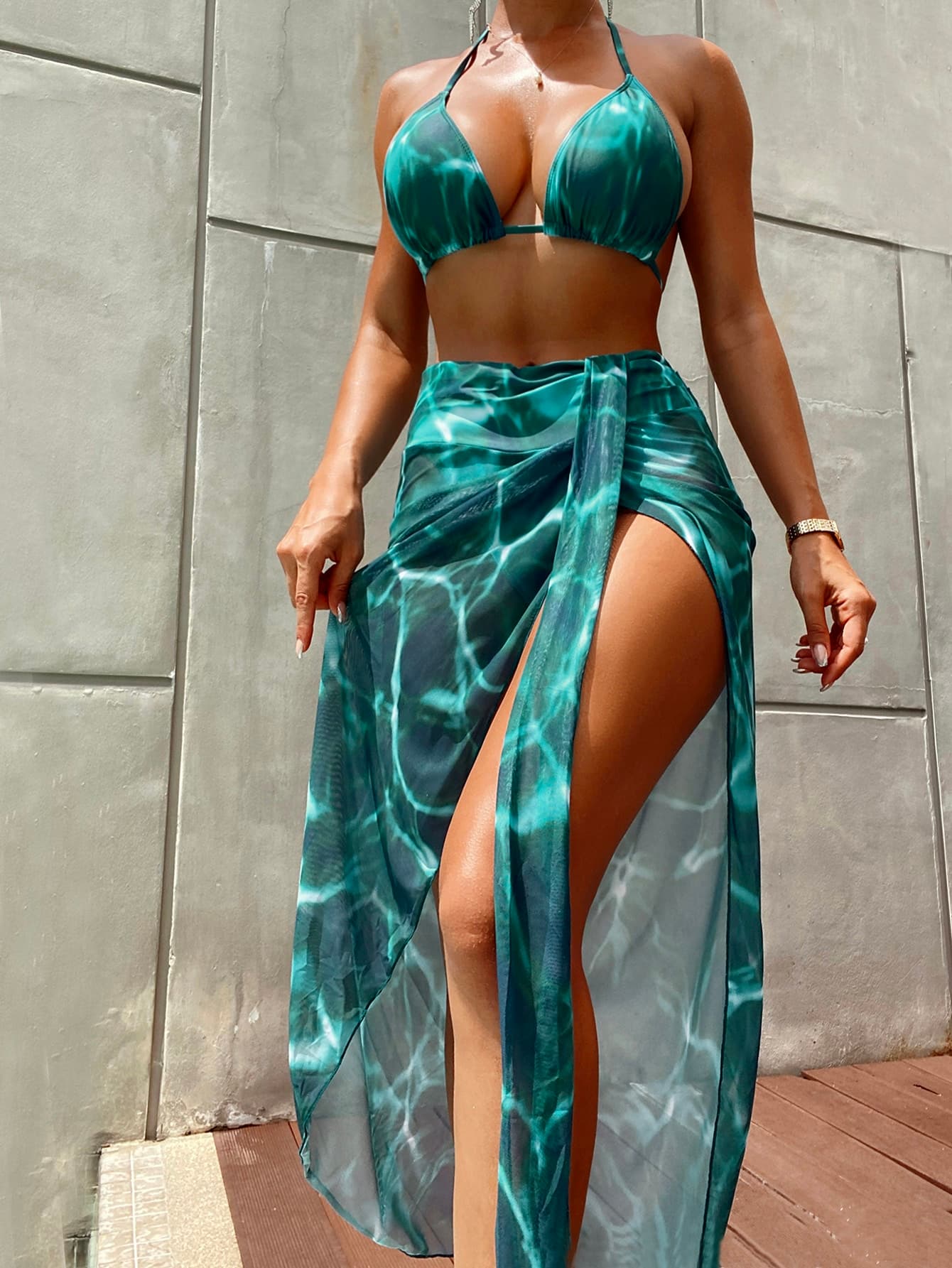 Swim Lushoire Summer Beach Tie Dye Bikini Set Halter Triangle Bra & Bikini Bottom & Cover Up Skirt 3 Piece Bathing Suit