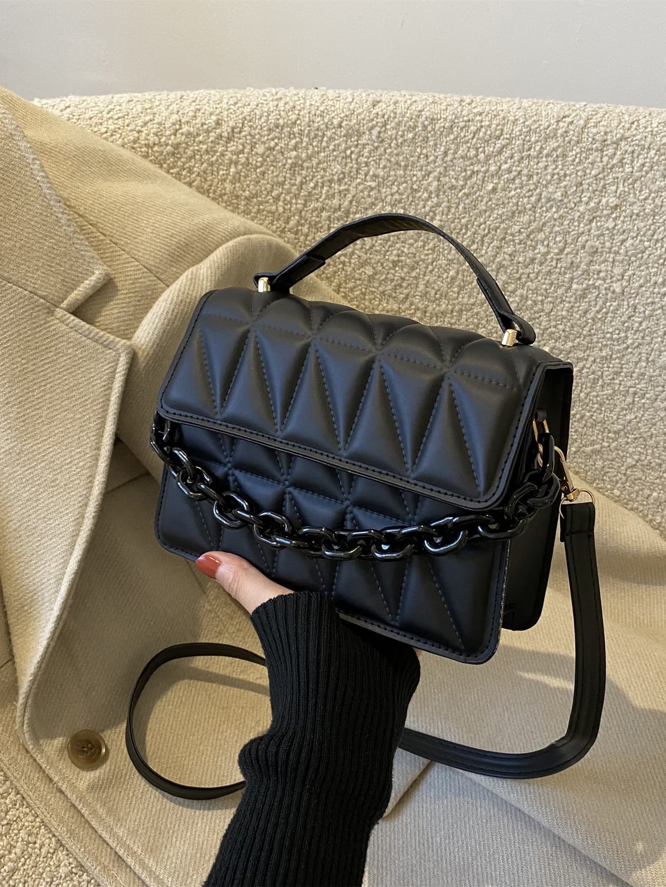 Lightweight, Business Casual Mini Geometric Embossed Chain Decor Flap Square Bag For Teen Girls  Perfect For Office,