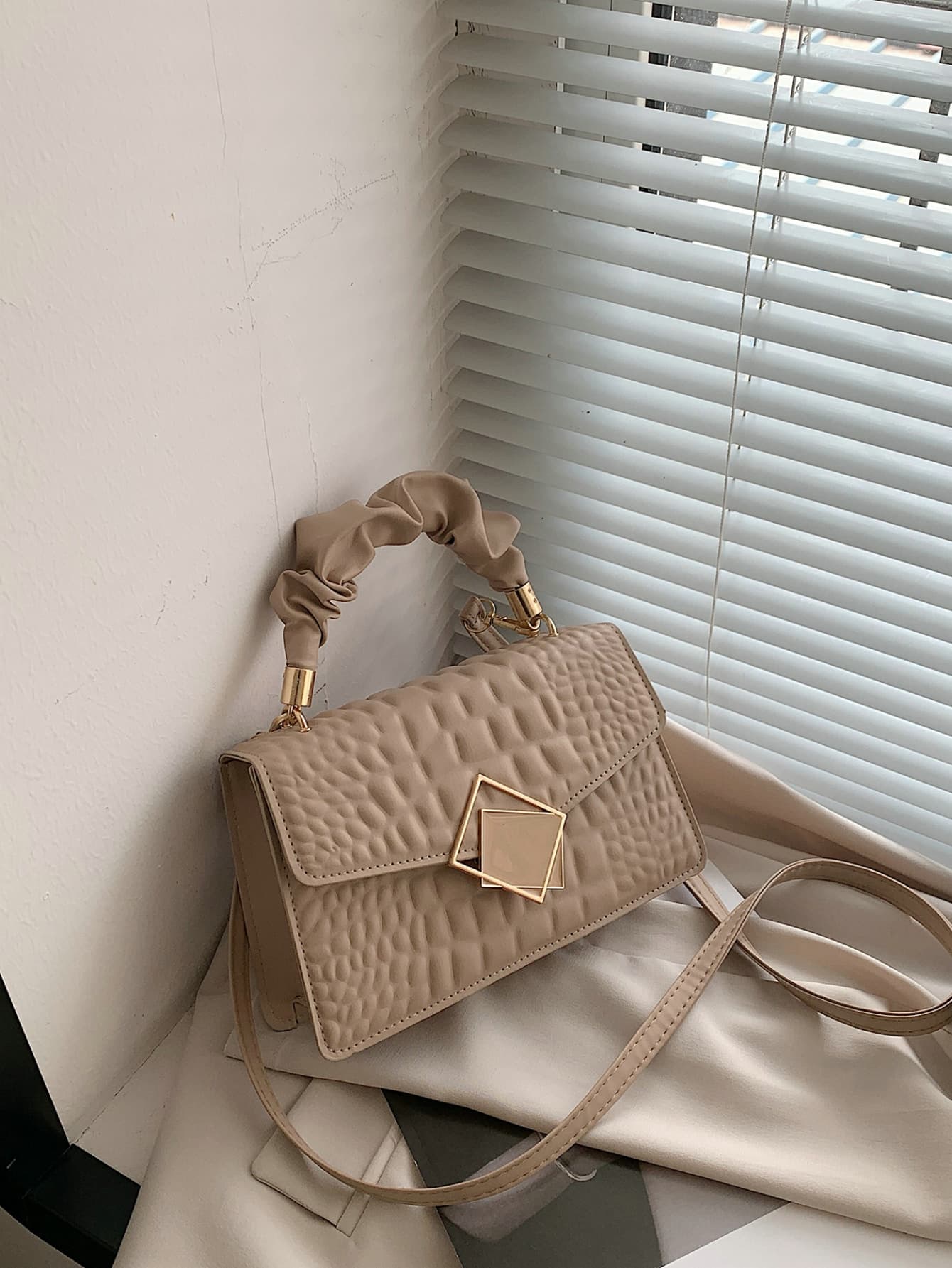 Crocodile Embossed Ruched Top Handle Flap Square Bag