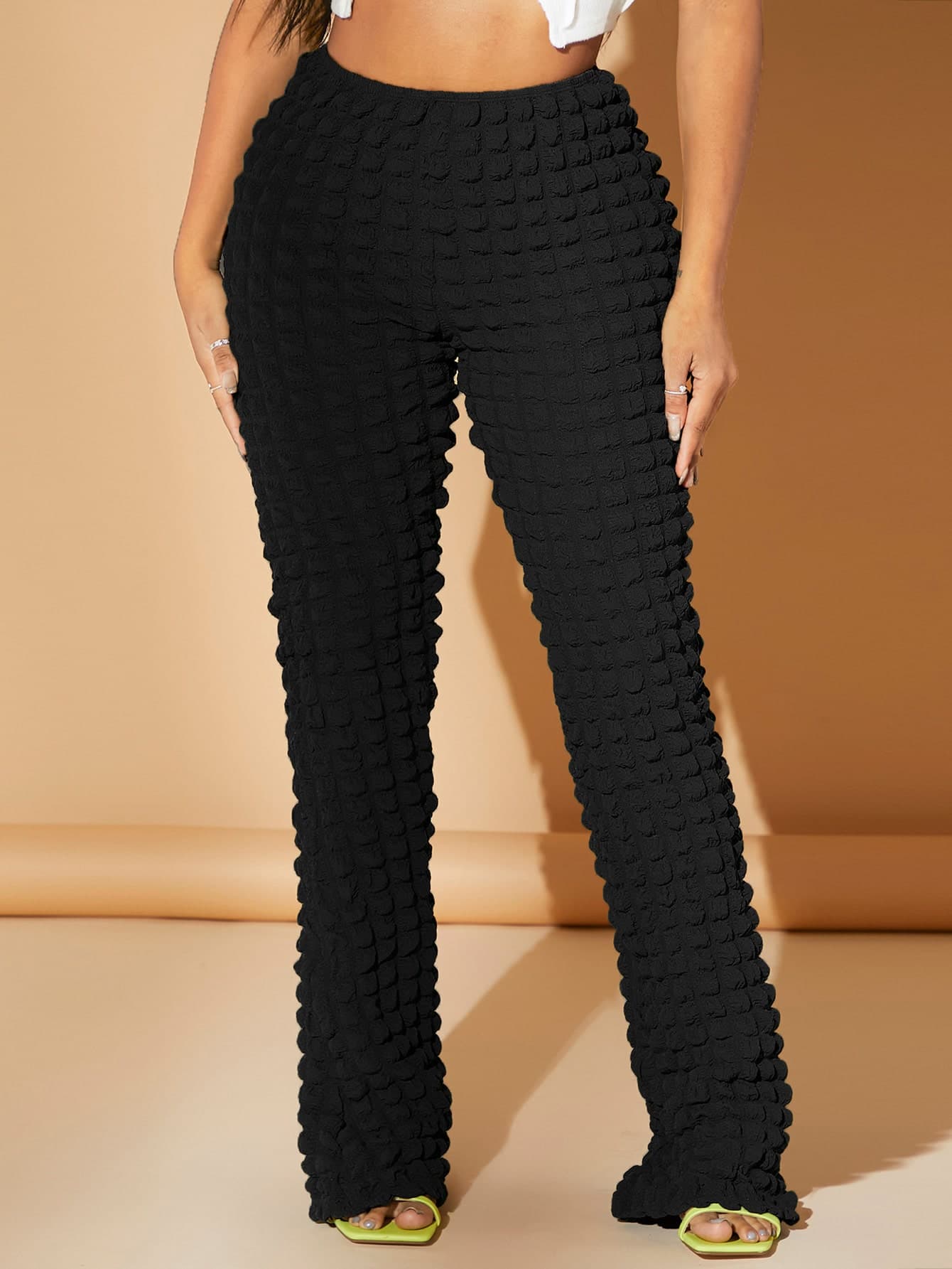 SHEIN SXY Textured Straight Leg Solid Black  Pants