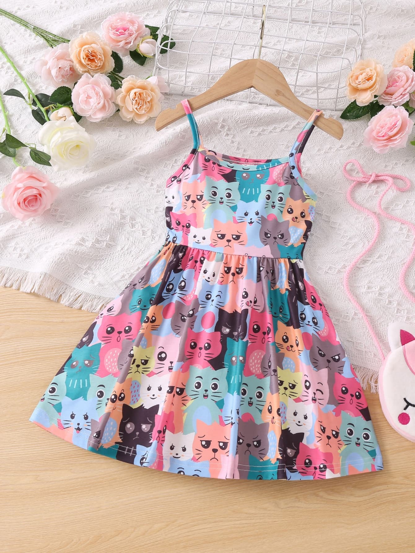 Genkimix Kids Young Girl Printed Cartoon Patterned Cute Spaghetti Strap Dress