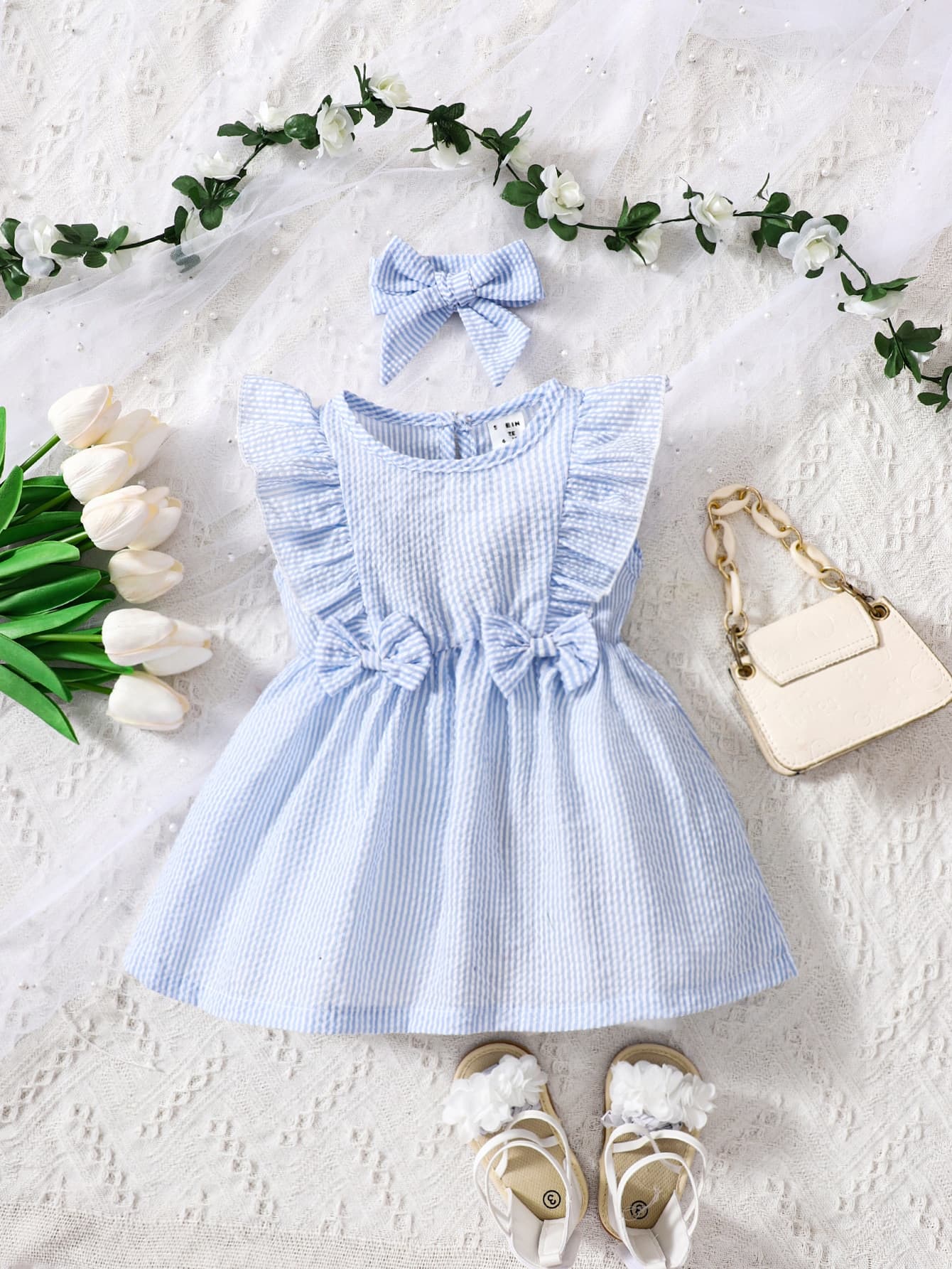 SHEIN Vintaside Kids Baby Girl Striped Ruffle Trim Bow Front Dress With Headband