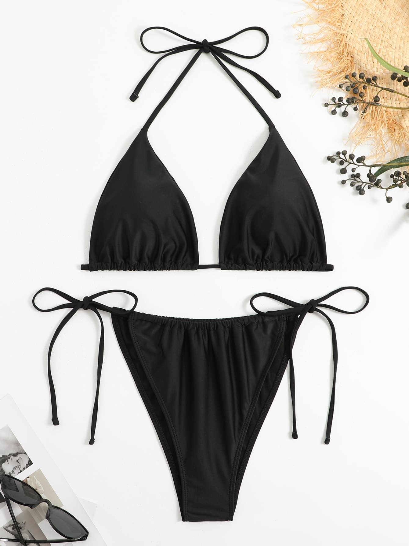 SHEIN Swim Curve Summer Beach Plus Size Mono Bikini Set Halter Triangle Bra & Tie Side Bikini Bottom 2 Pieces Bikini